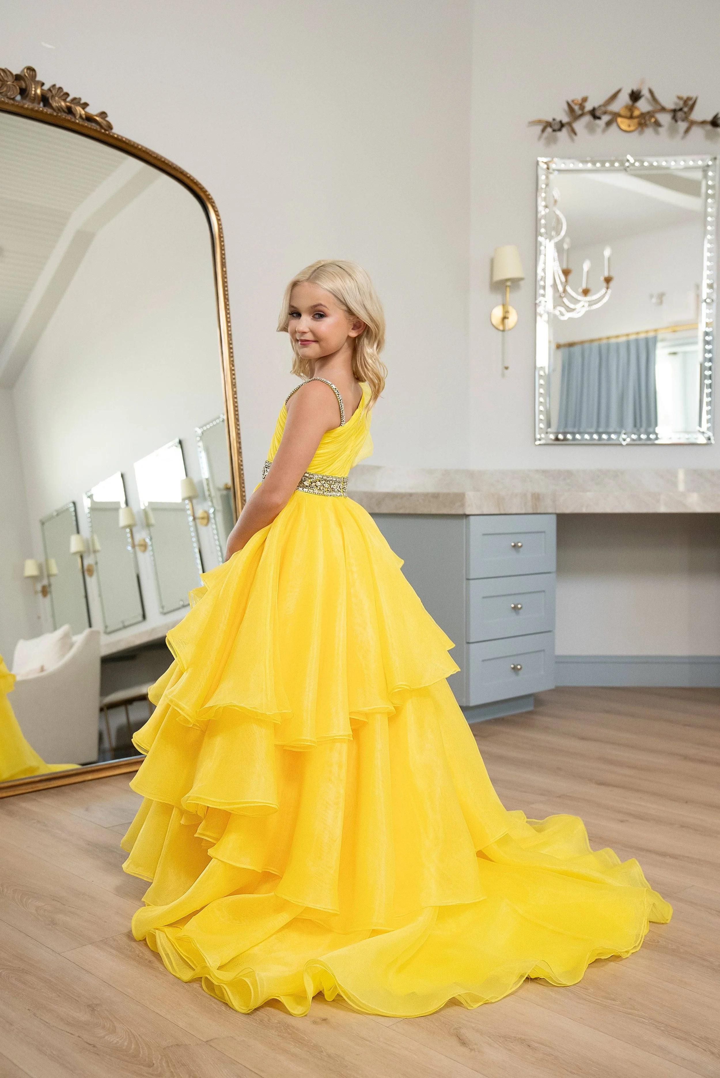 Rachel Allan 10260- Kids pageant dress with tiered skirt and one shoulder with beaded waist band.