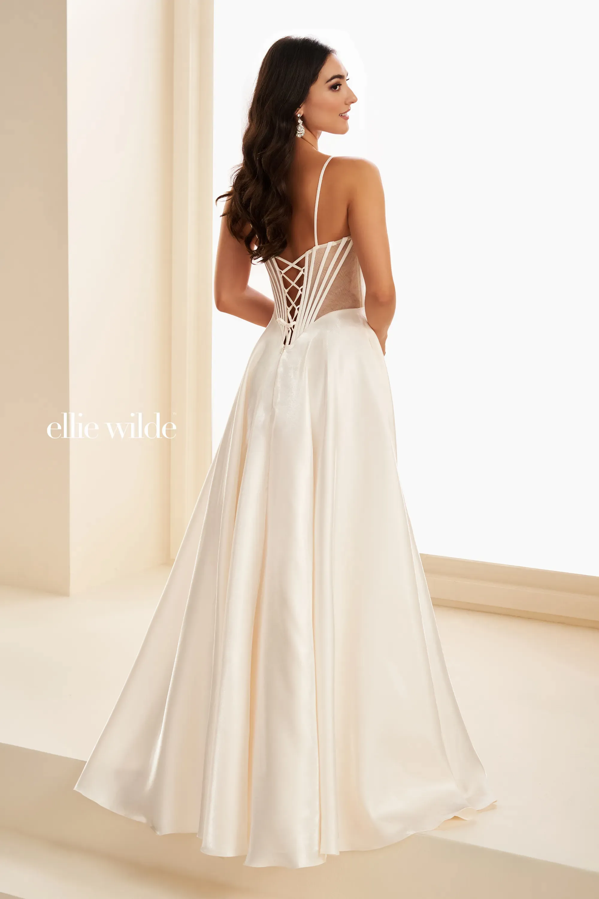 Ellie Wilde EW37226- Satin ballgown with sheer bodice and corset back