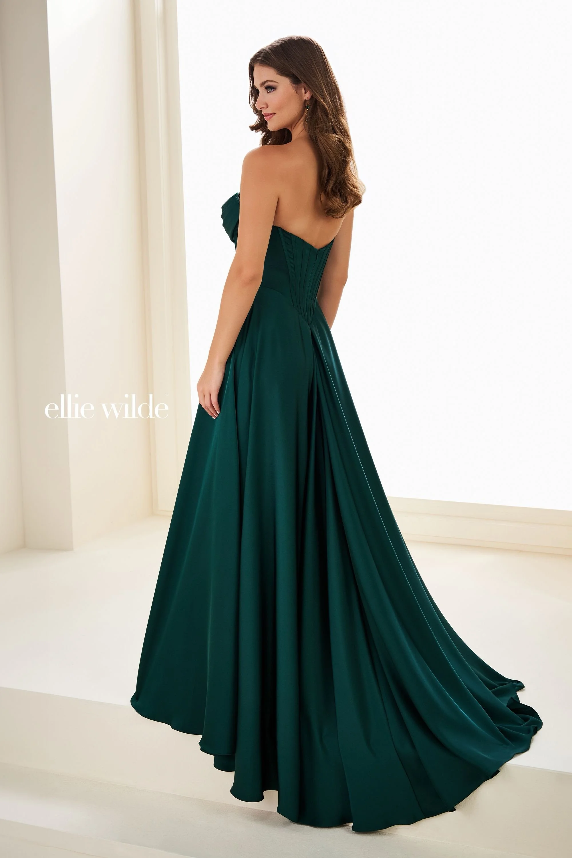 Ellie Wilde EW37213 strapless a line with slit and corset bodice
