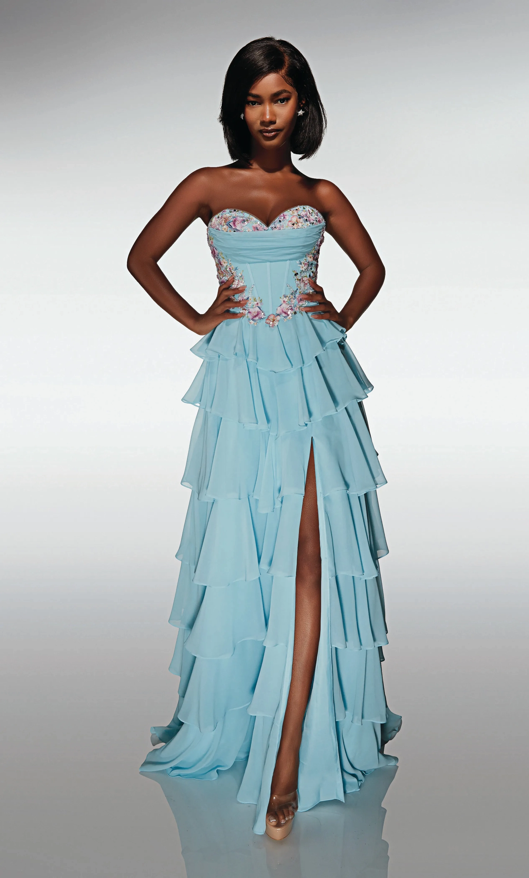 Alyce Paris 62013- strapless ruffle tiered dress with floral bodice and slit
