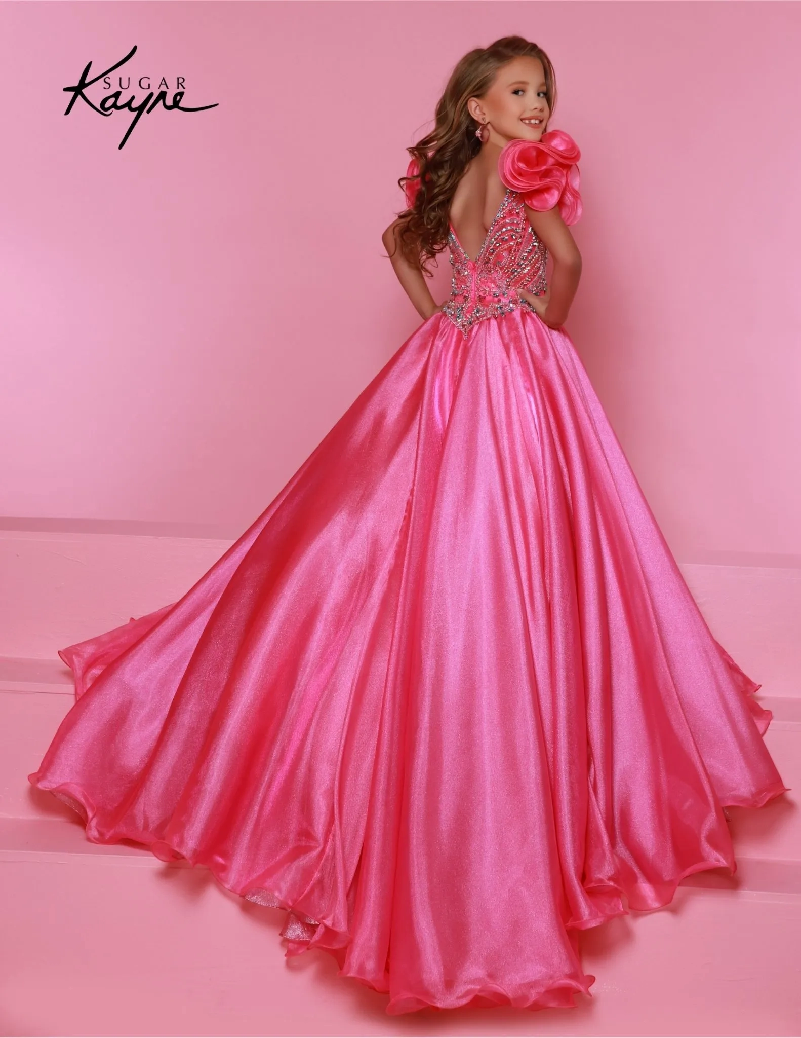 C334 Sugar Kayne- kids pageant dress with beaded bodice and ruffle straps