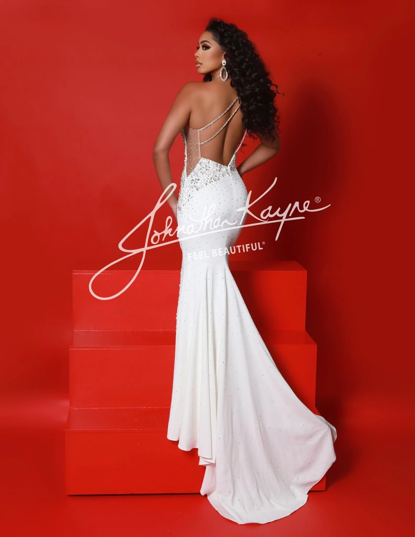 Johnathan Kayne 2923- one shoulder beaded bodice with open back and mesh sides with slit