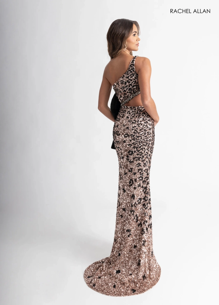 Rachel Allan 70992- one shoulder cheetah dress with cut out and bow