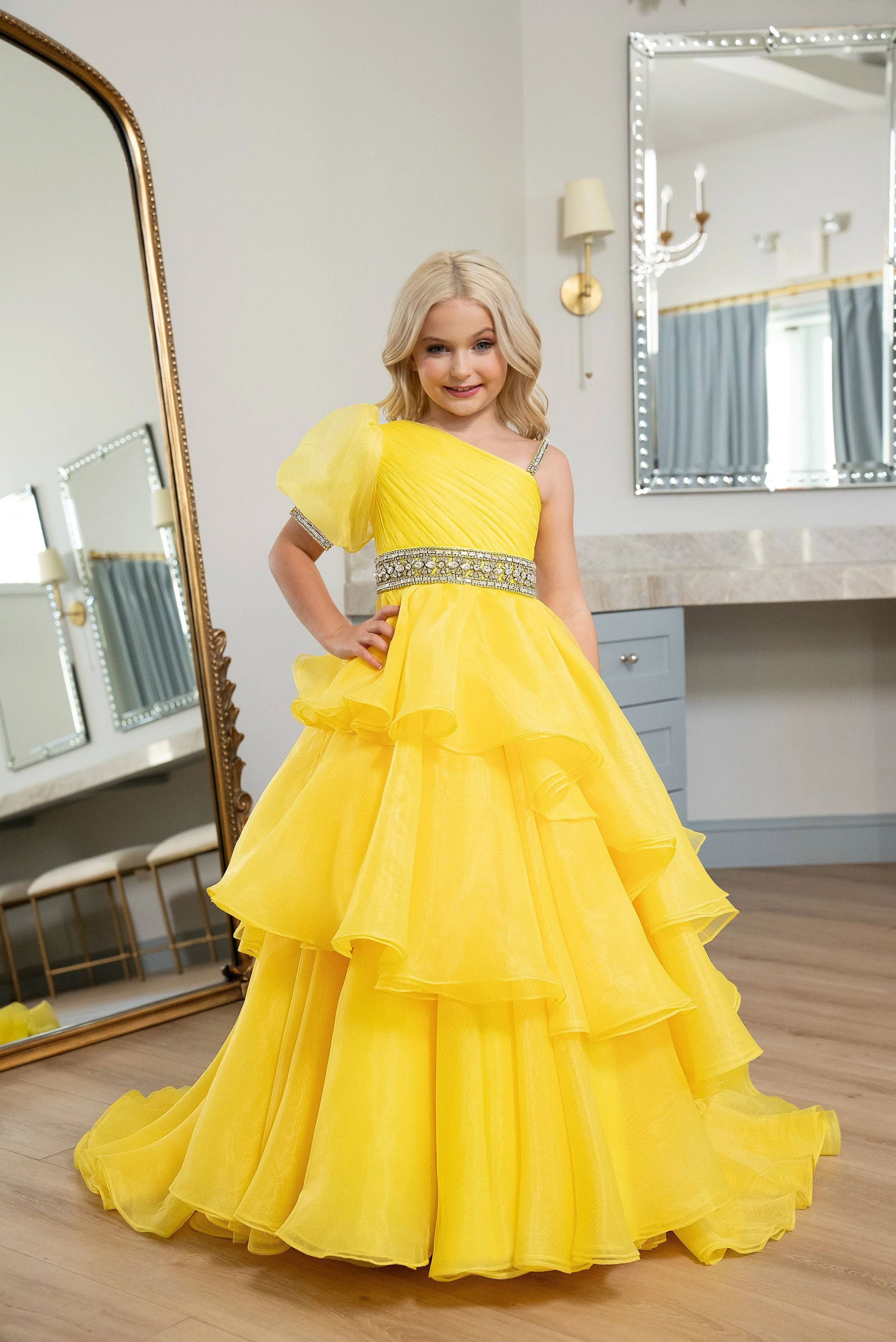 Rachel Allan 10260- Kids pageant dress with tiered skirt and one shoulder with beaded waist band.