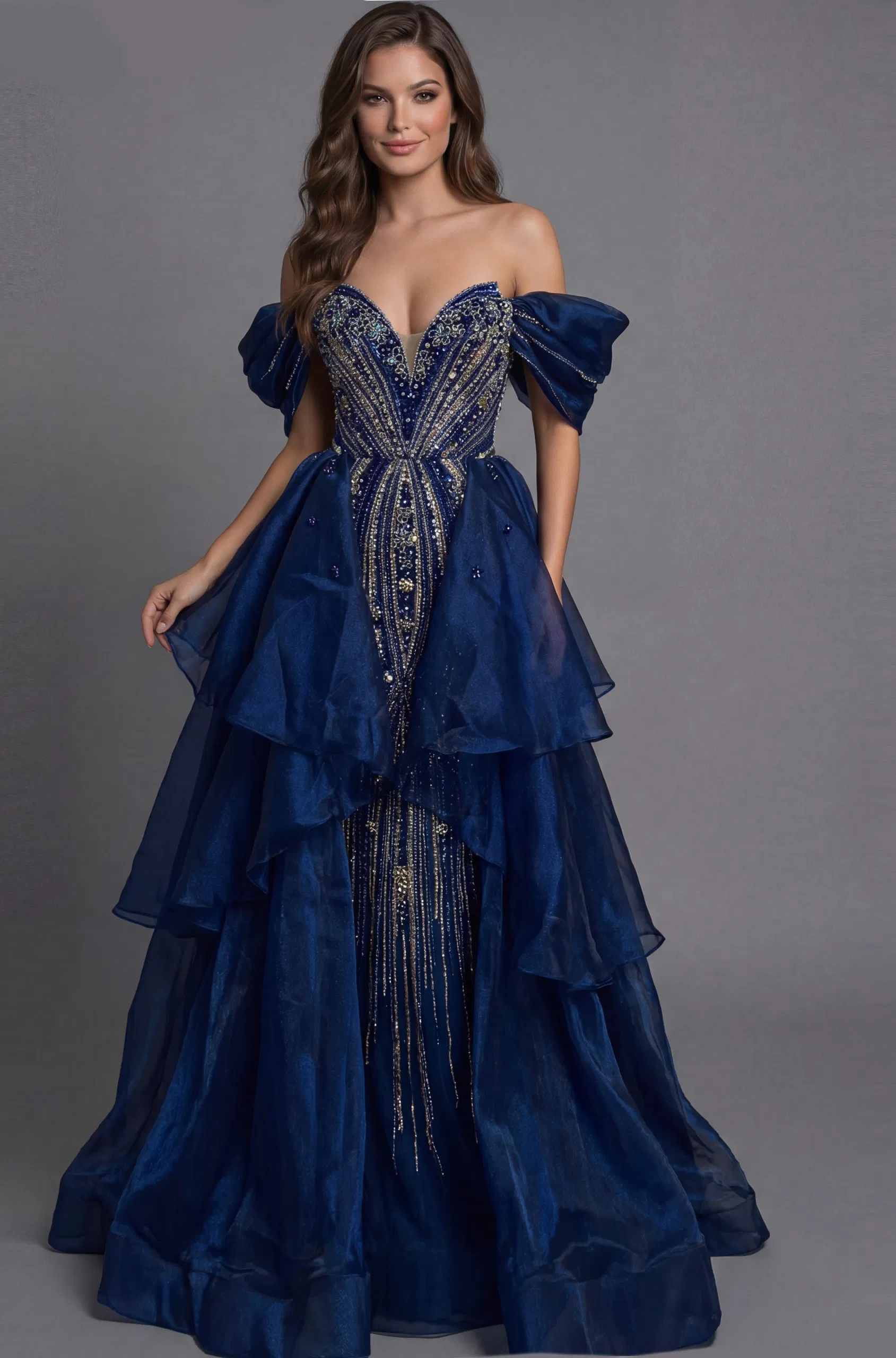 Jovani 45076- off the shoulder beaded pageant dress with overskirt