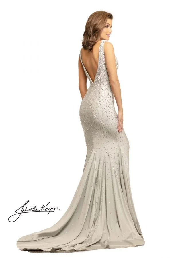 Johnathan Kayne 9213- stunning fitted beaded dress with v neck and hot stones