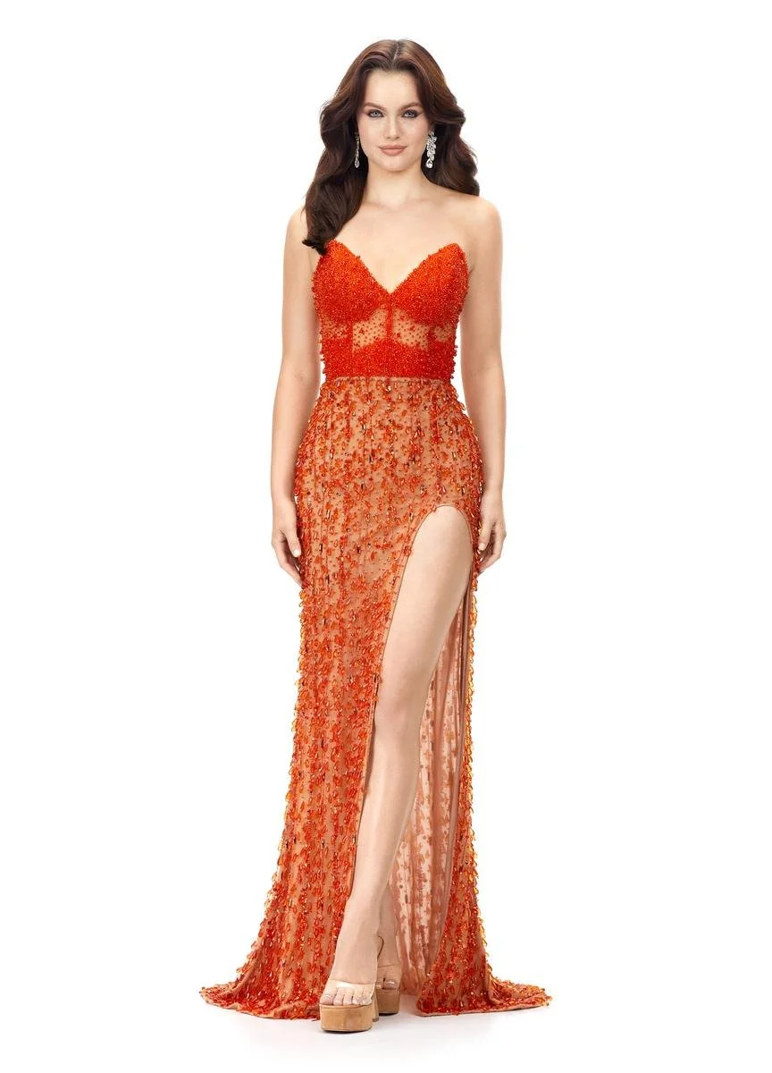 Ashley Lauren 11275- strapless fully beaded dress with sheer bodice and slit