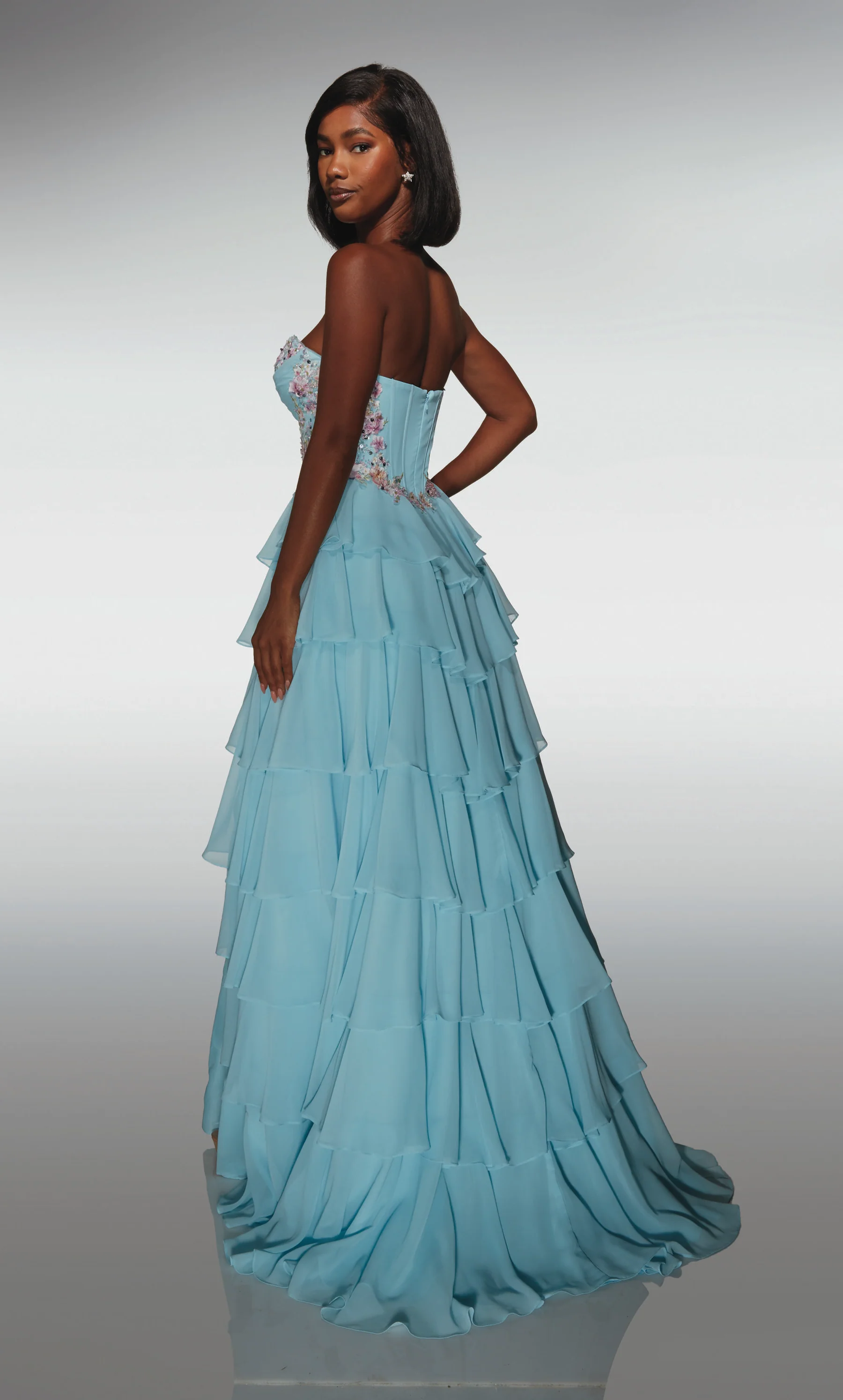 Alyce Paris 62013- strapless ruffle tiered dress with floral bodice and slit