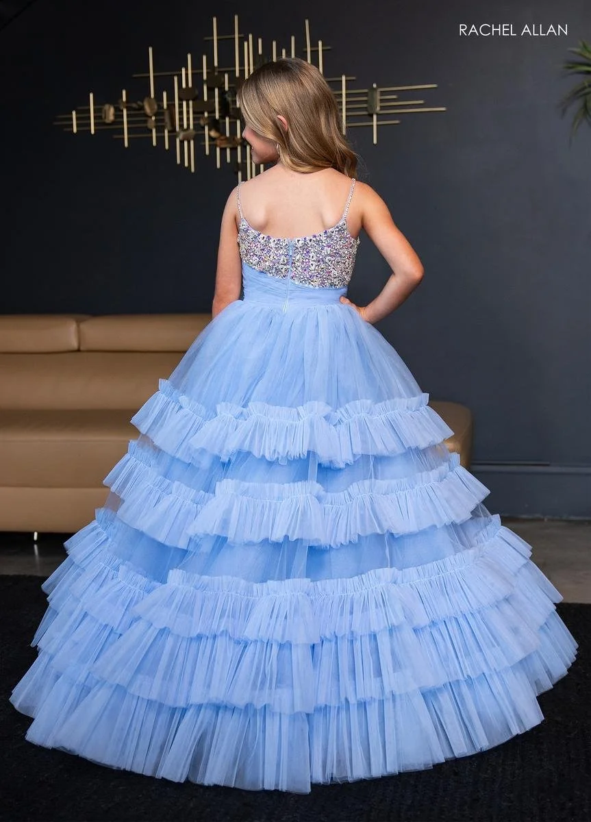 Rachel Allan 10245- Kids pageant dress with tiered skirt, beaded bodice, and bow