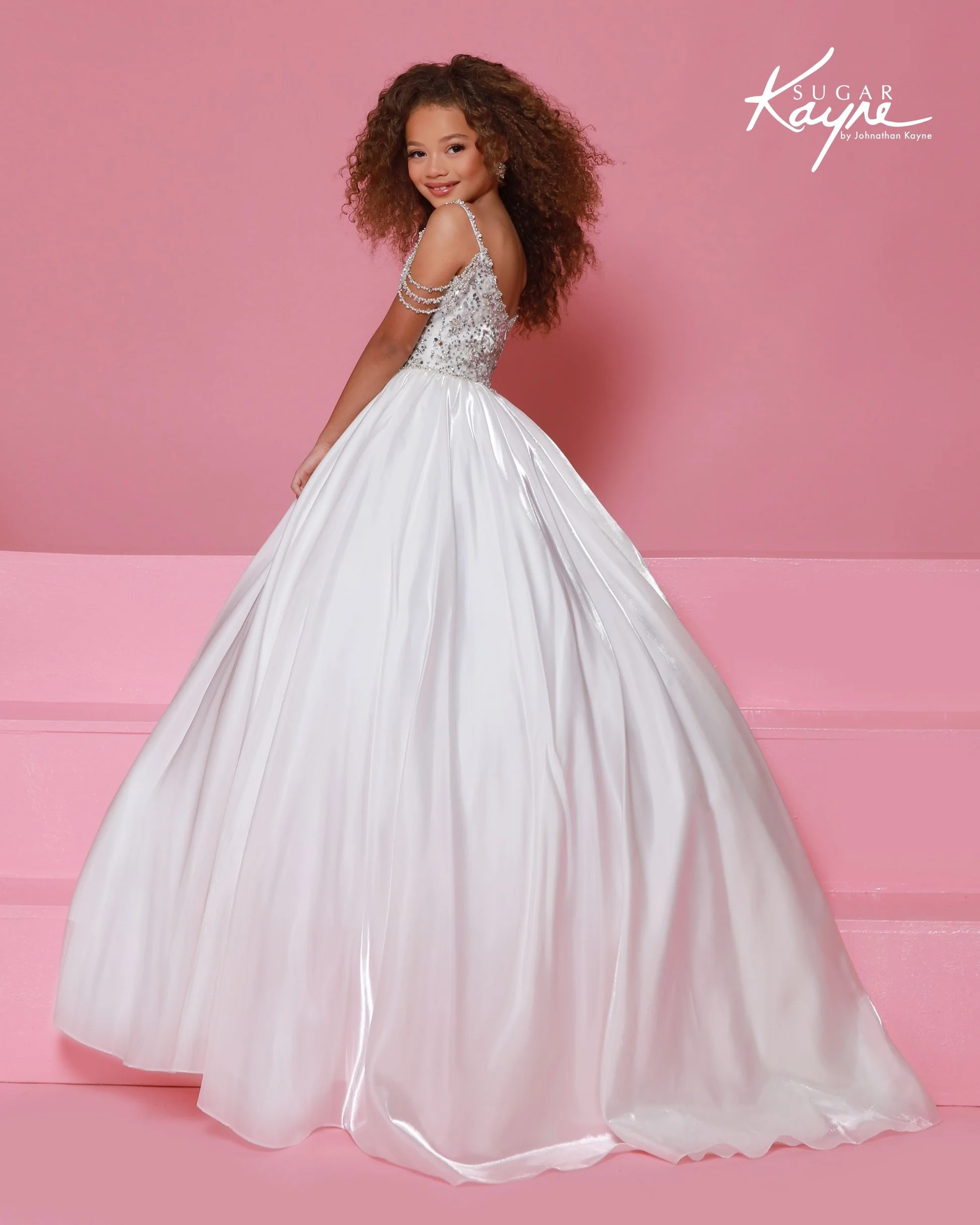 C416 Sugar Kayne- kids pageant dress with shimmer organza skirt and beaded bodice with beaded off the shoulder straps