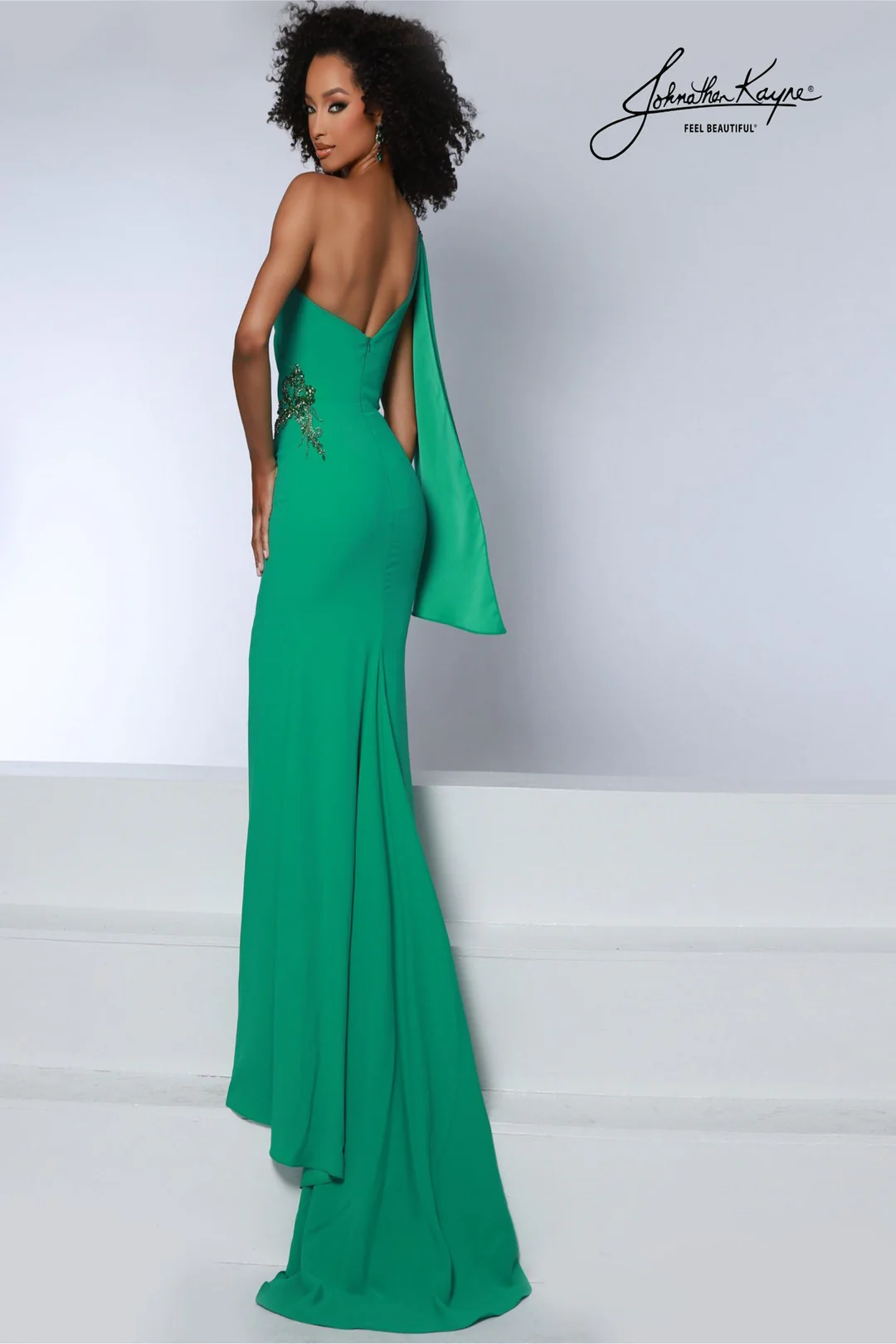Johnathan Kayne 2864- fitted dress with slit and one shoulder with cape