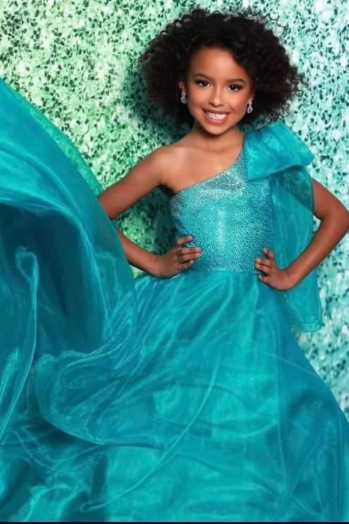 C310 Sugar Kayne- kids pageant dress with beaded one shoulder bodice with shoulder bow