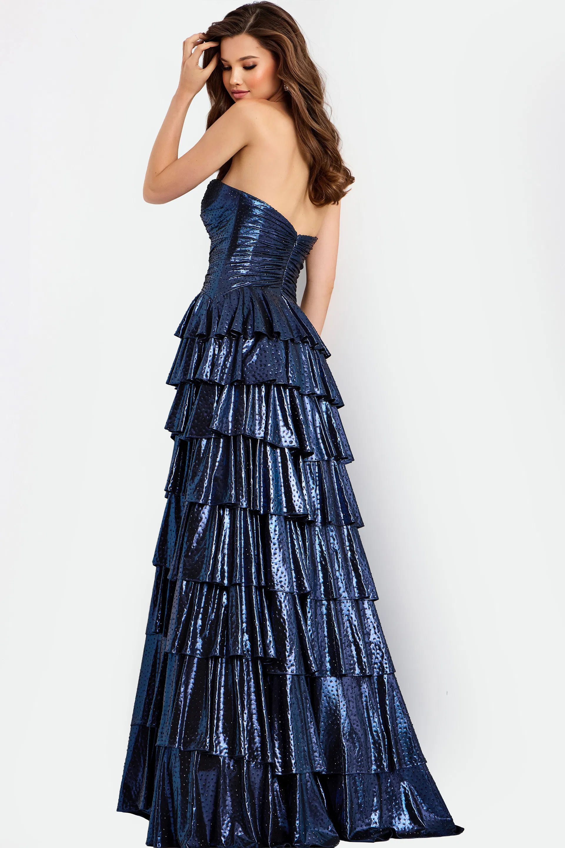 Jovani 47742- Layered metallic ruffle skirt with rhinestones and cut outs