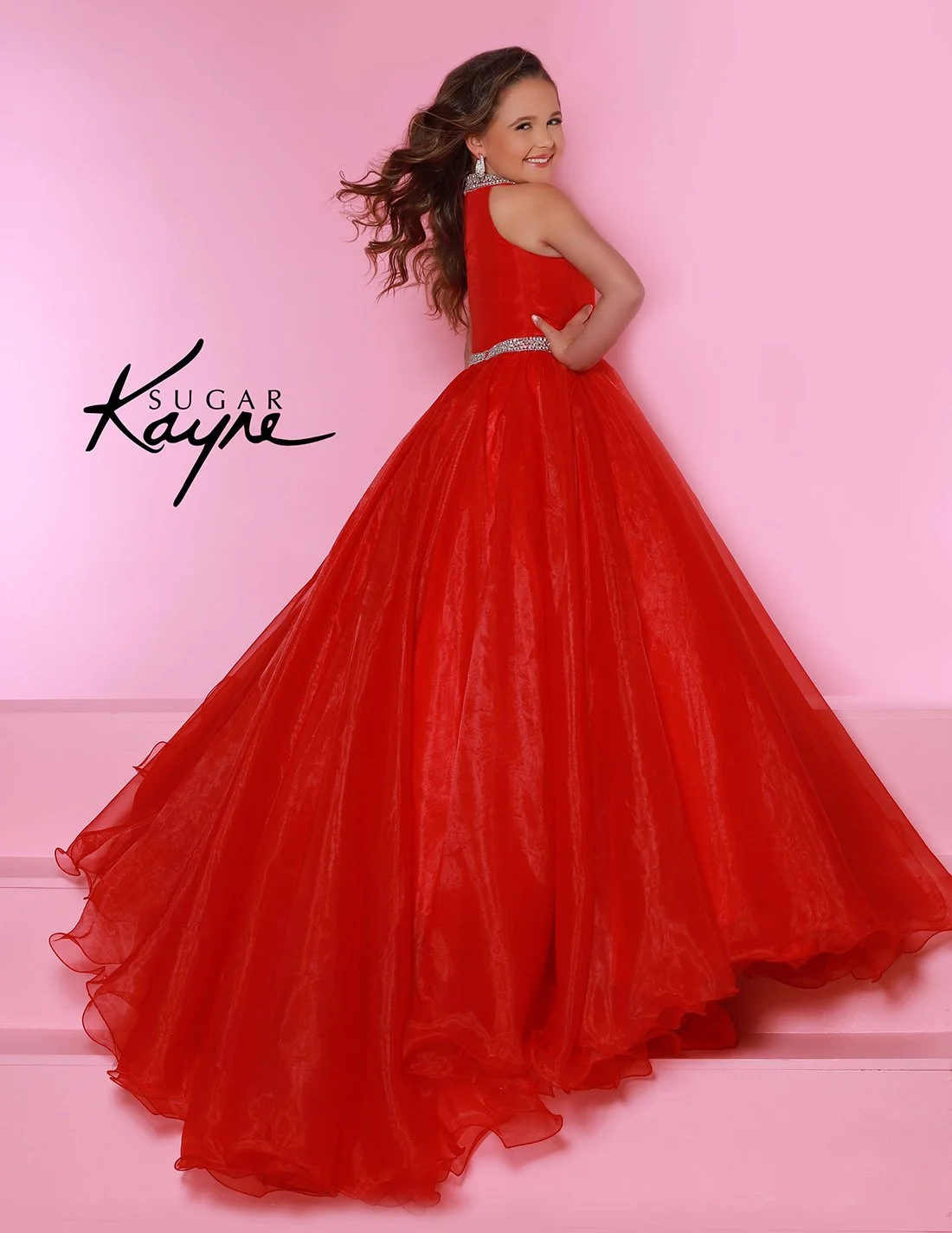 C114 Sugar Kayne- kids pageant dress with beaded halter top and belt