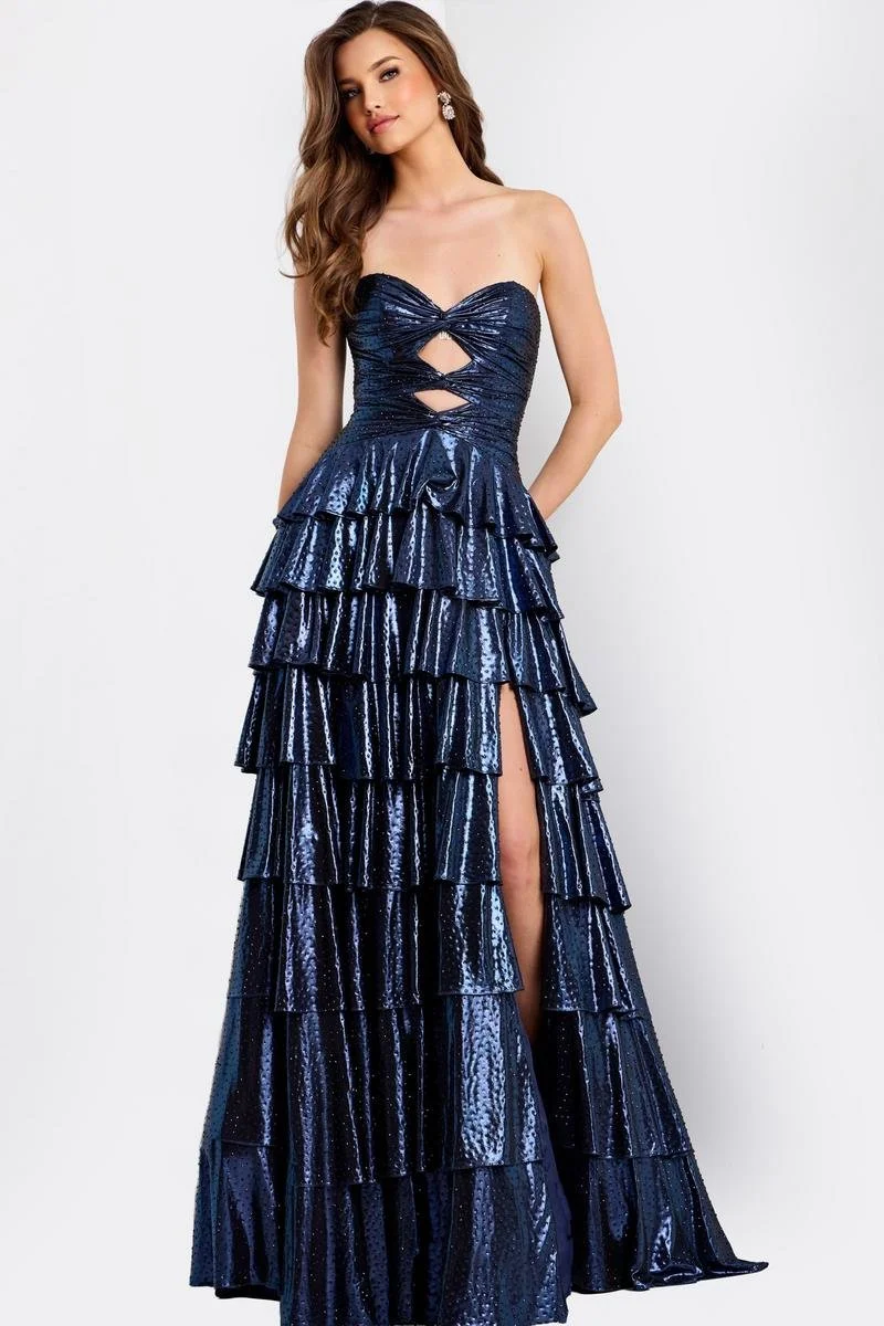 Jovani 47742- Layered metallic ruffle skirt with rhinestones and cut outs