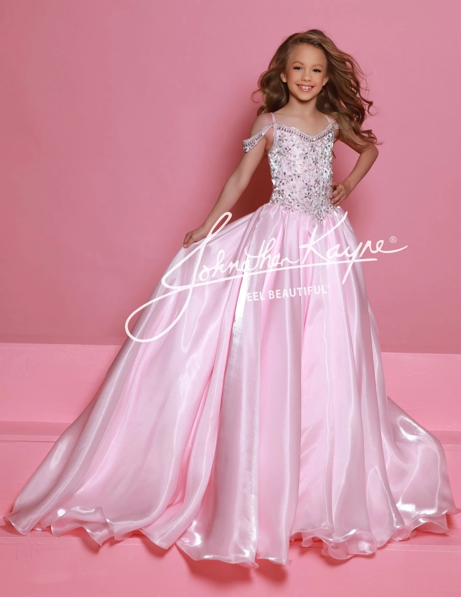 C365 Sugar Kayne- girls pageant dress with beaded bodice and off the shoulder straps