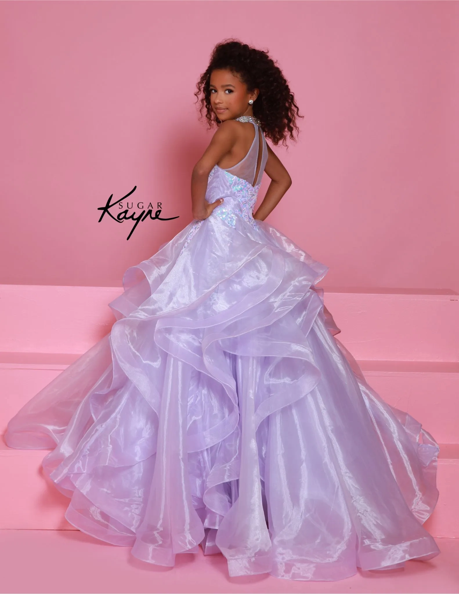 C371 Sugar Kayne- kids pageant dress with tiered skirt iridescent sequins and halter top