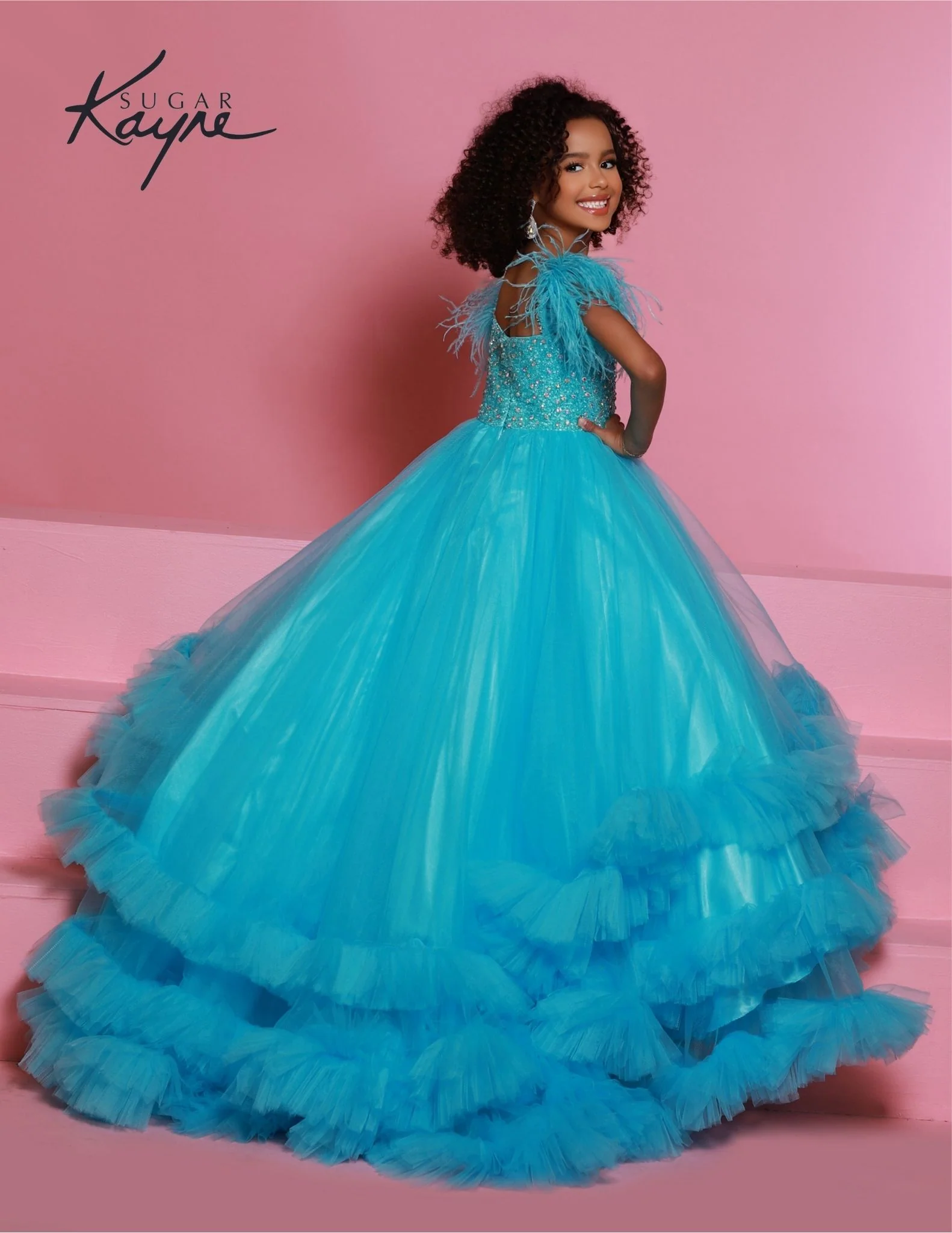 C327 Sugar Kayne- kids pageant dress with crystal beaded bodice, feather straps, and ruffle bottom