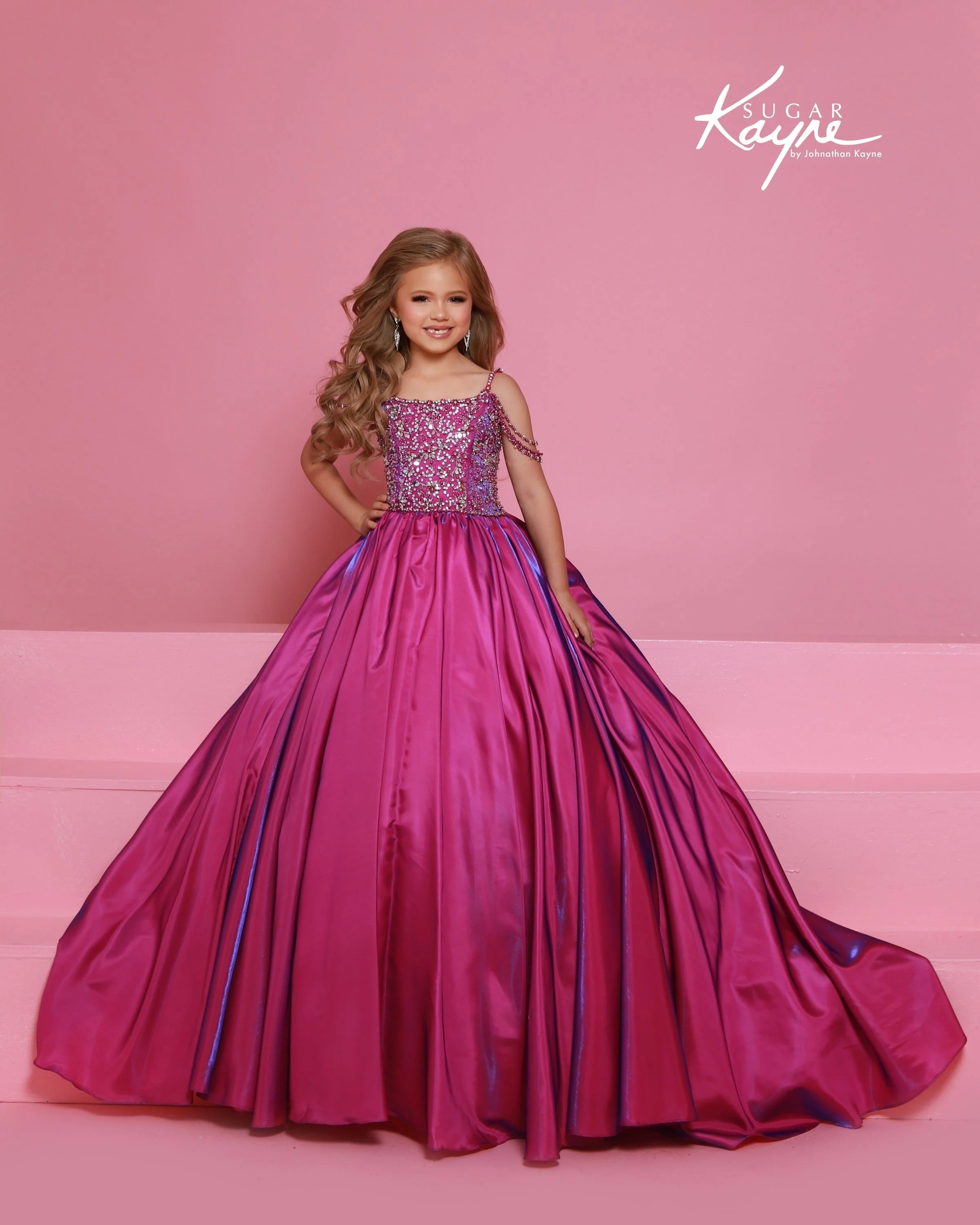 C416 Sugar Kayne- kids pageant dress with shimmer organza skirt and beaded bodice with beaded off the shoulder straps