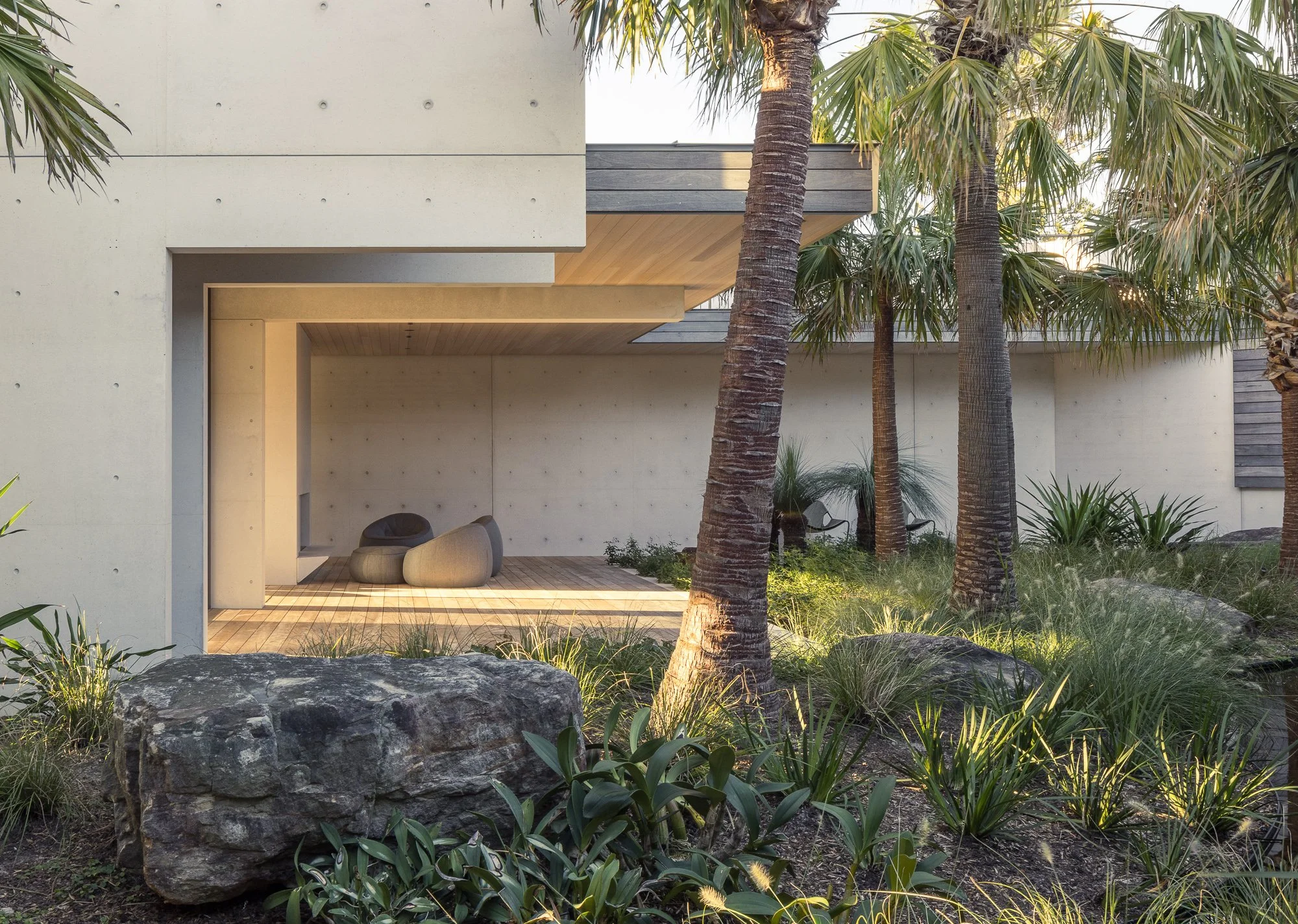 Modern house with outdoor patio surrounded by lush tropical plants and palm trees.