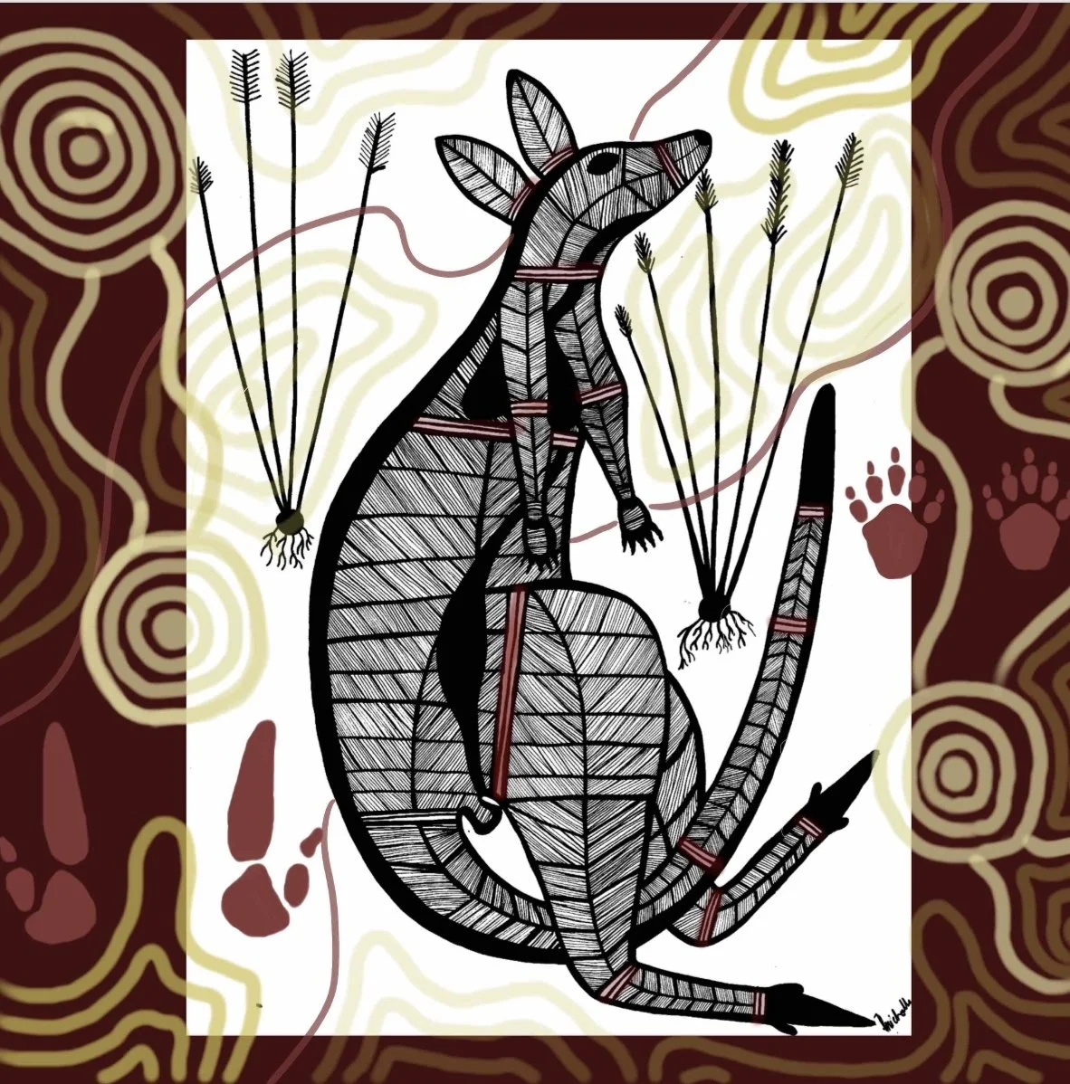 Abstract illustration of a sitting cat with geometric lines and patterns, surrounded by stylized plants, roots, and paw prints in a tribal art style.