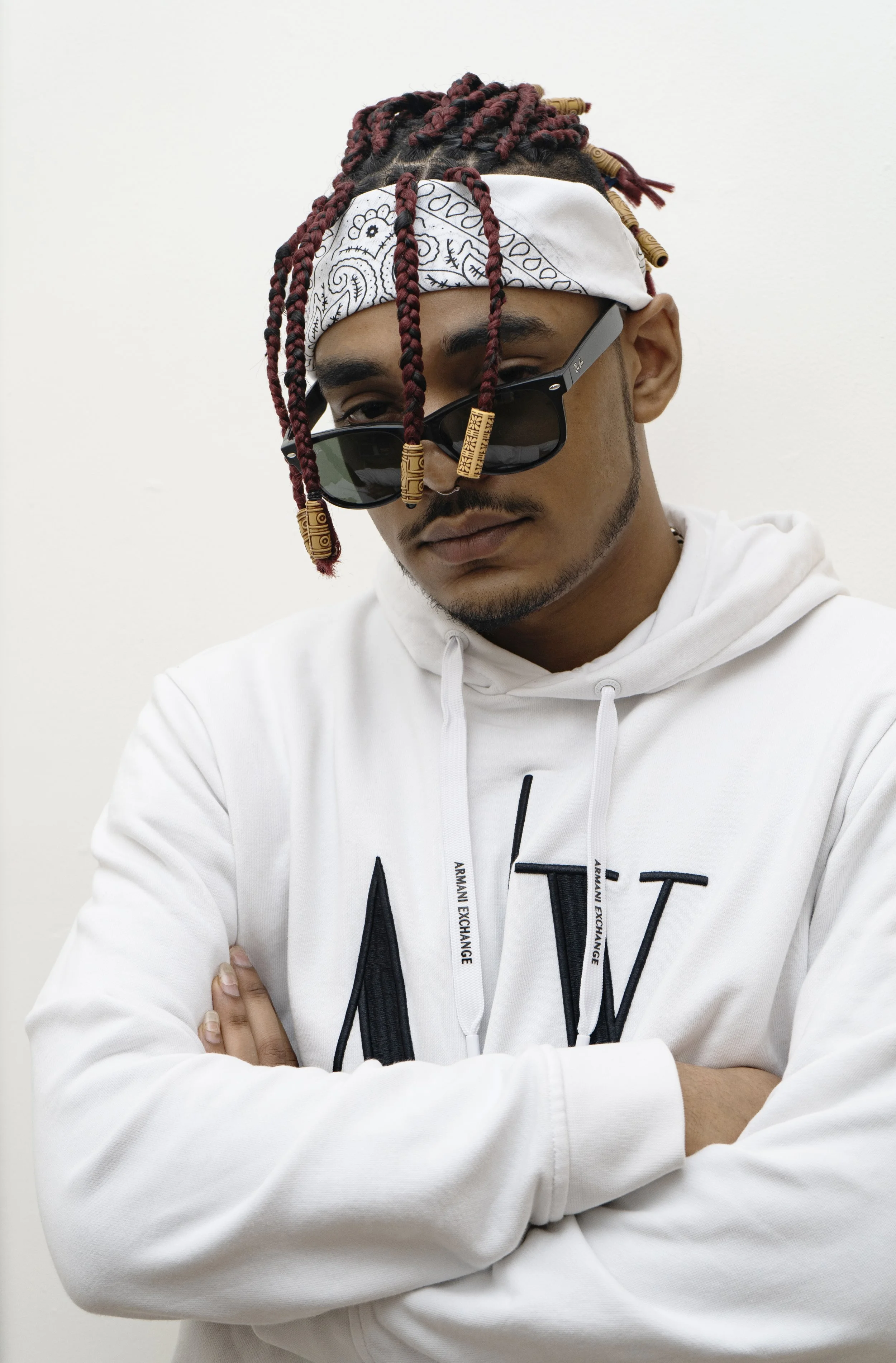 Armani exchange . white . dreadlocks . Ray bans . bandana . fashion shoot . model.photographer in london. photographer in wembley. photographer near me. best photographer in london. headshot photographer. wedding photographer. headshot photographer