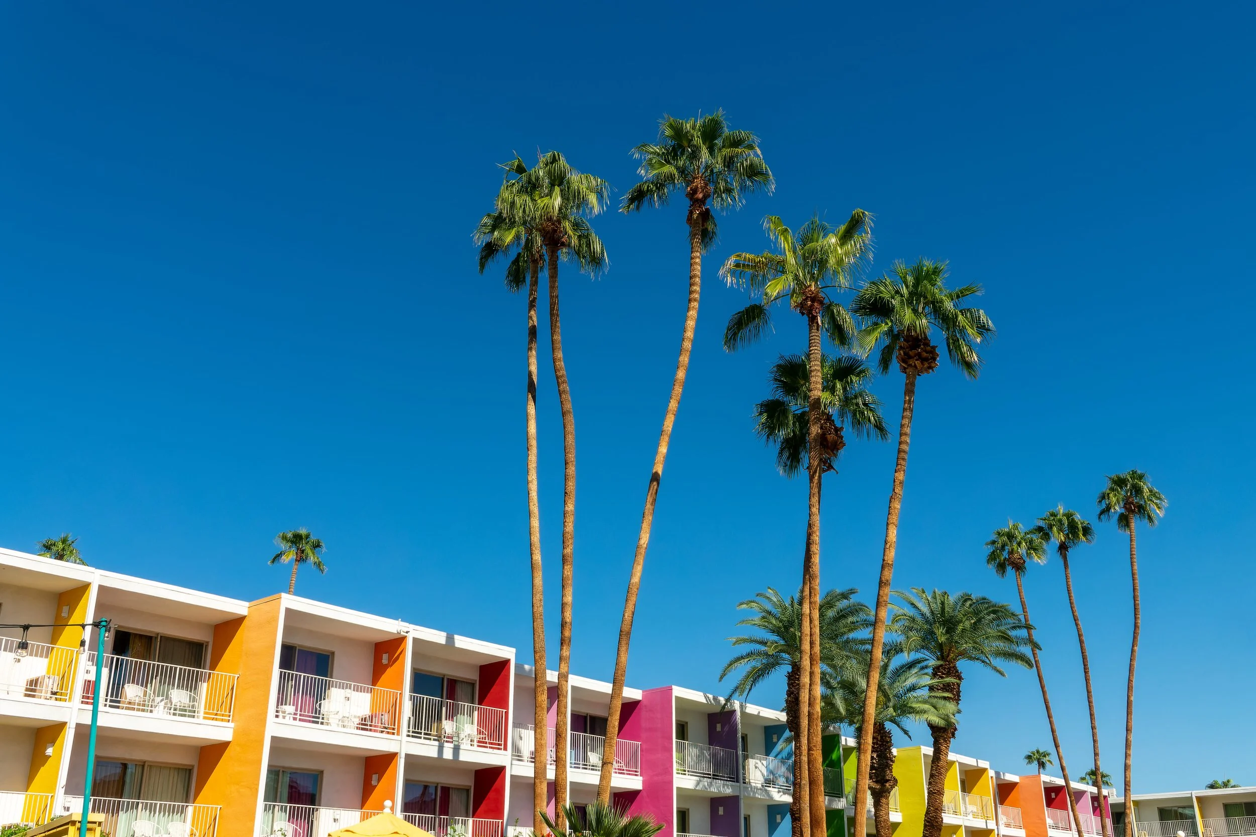 Colorful motel with a row of rooms painted in yellow, orange, pink, purple, and green, with balconies and outdoor furniture under a clear blue sky. Tall palm trees are in front of the motel.