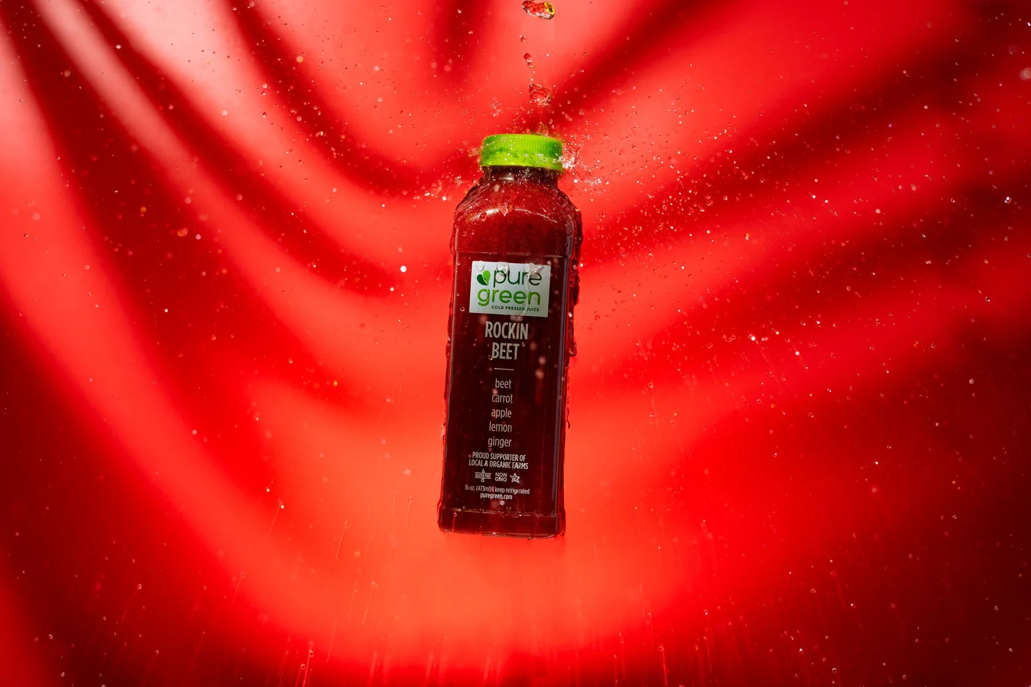Original Rocket Beet juice photograph against red fabric