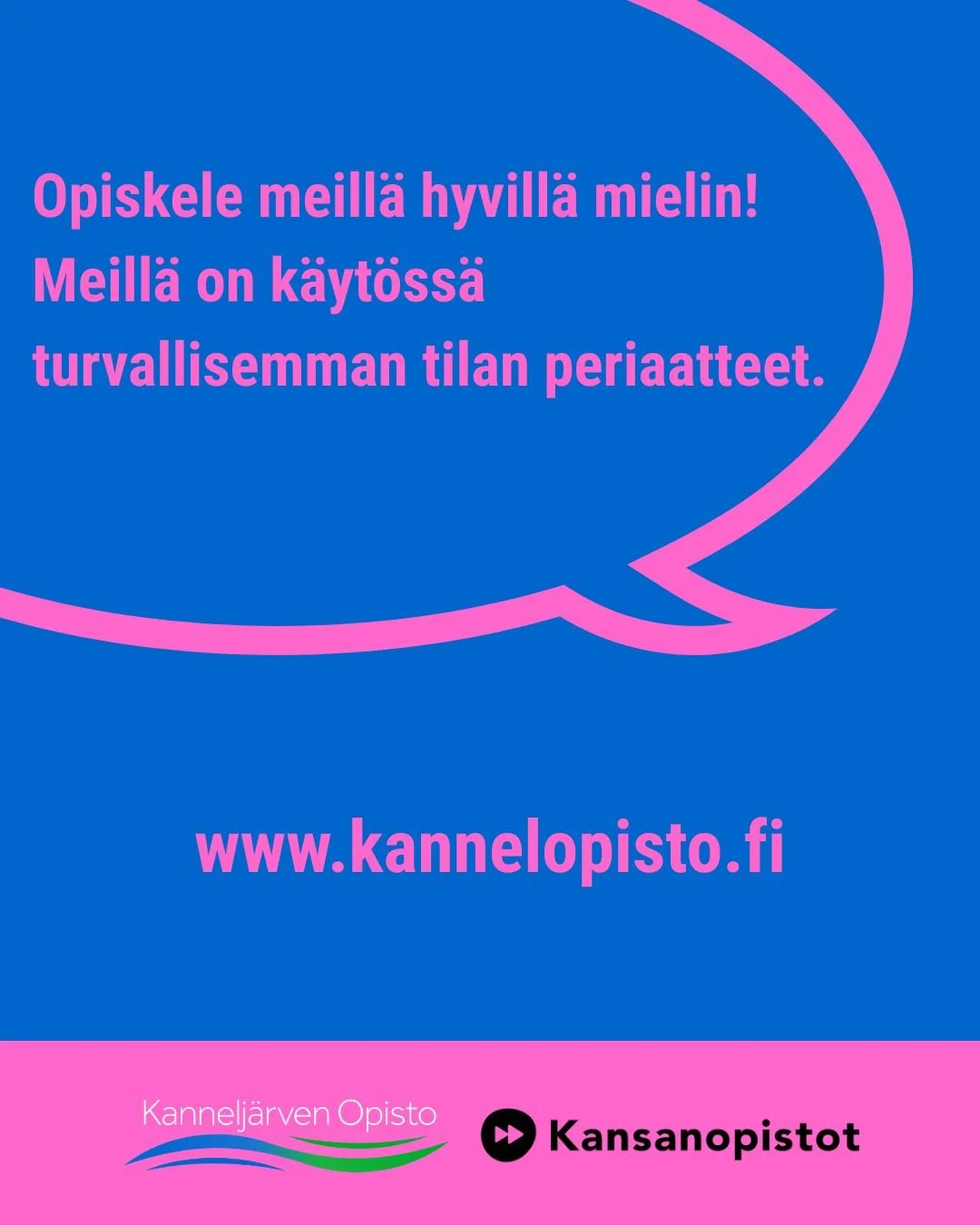 Opiskele meill&auml; hyvin mielin! Meill&auml; on k&auml;yt&ouml;ss&auml; turvallisemman tilan periaatteet.

Hae opiskelemaan Kannelj&auml;rven Opistolle!

Yhteishaku 17.2.2026--17.3.2026: https://opintopolku.fi/konfo/fi/
Jatkuva haku: https://kannel