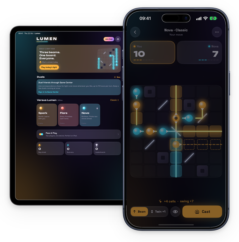Lumen game board with light beams on iPhone and iPad