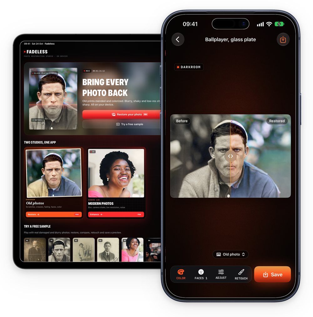 Fadeless on iPhone and iPad restoring an old portrait
