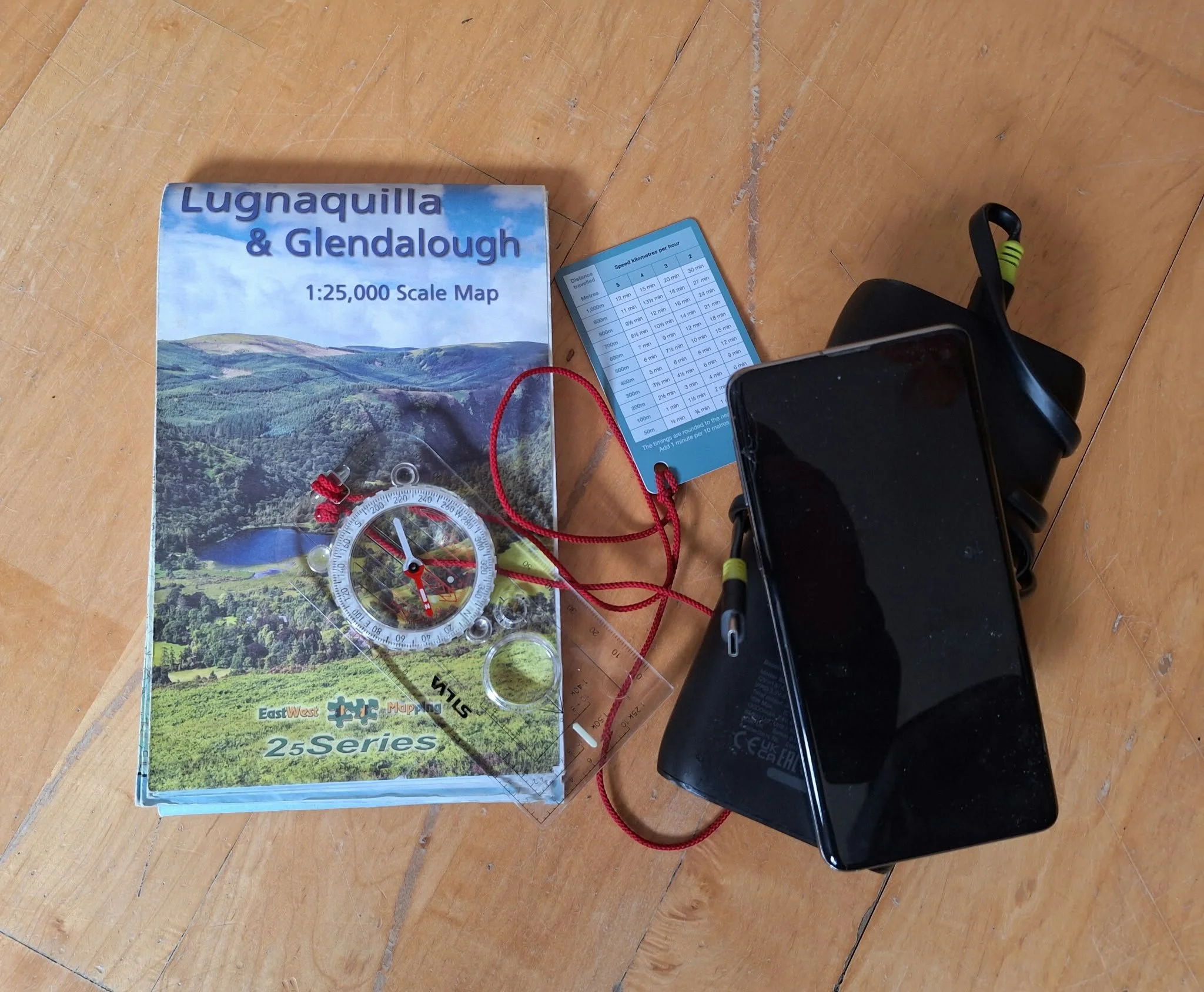 Map, compass, phone and powerbank.