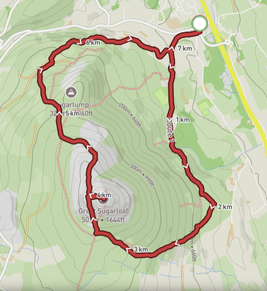 OS map showing a walking route on and around the Great Sugarloaf mountain in Wicklow near Kilmacanogue