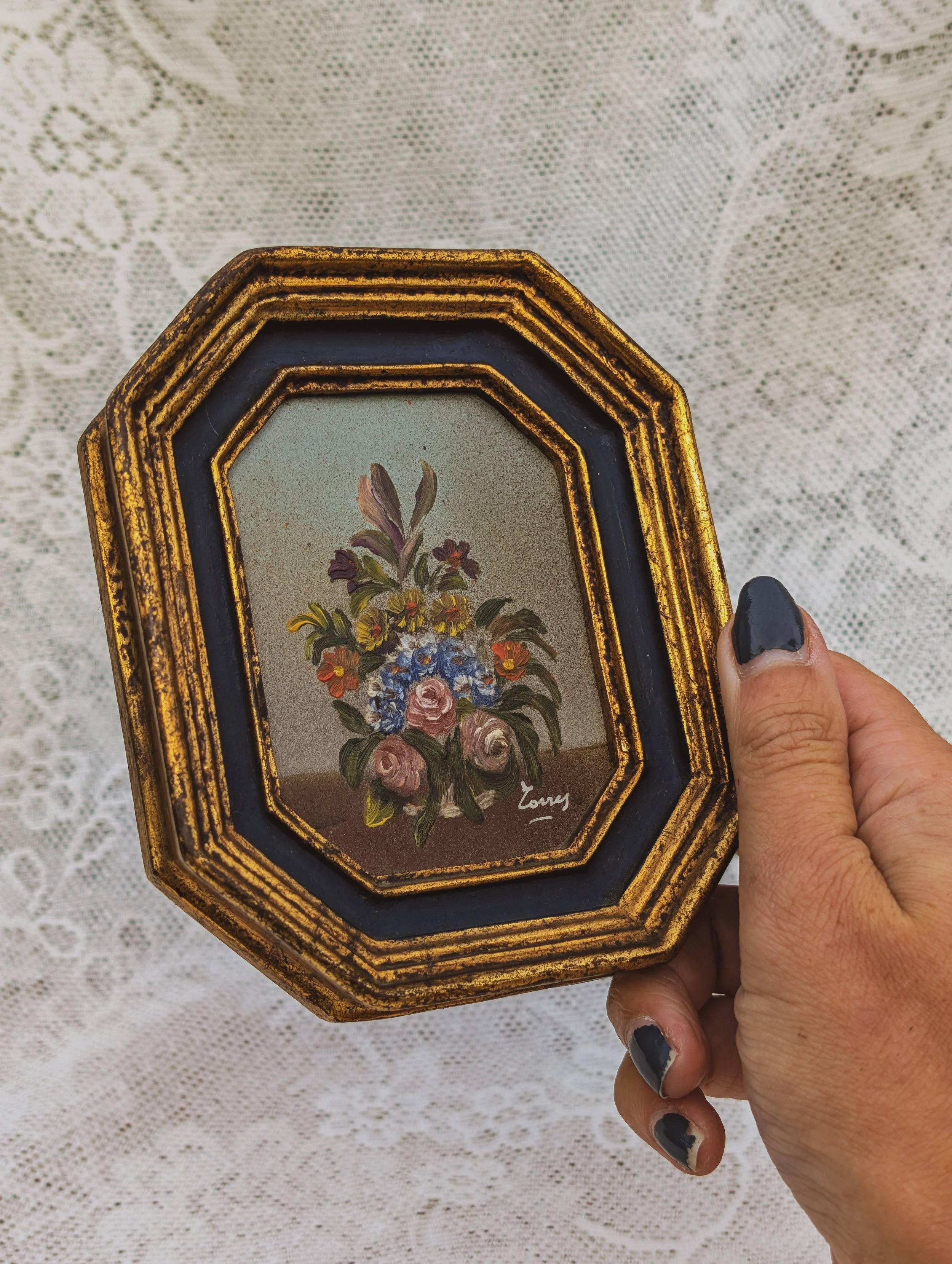 Italian Vintage - Original Dark Floral Miniature In Blue Giltwood Frame