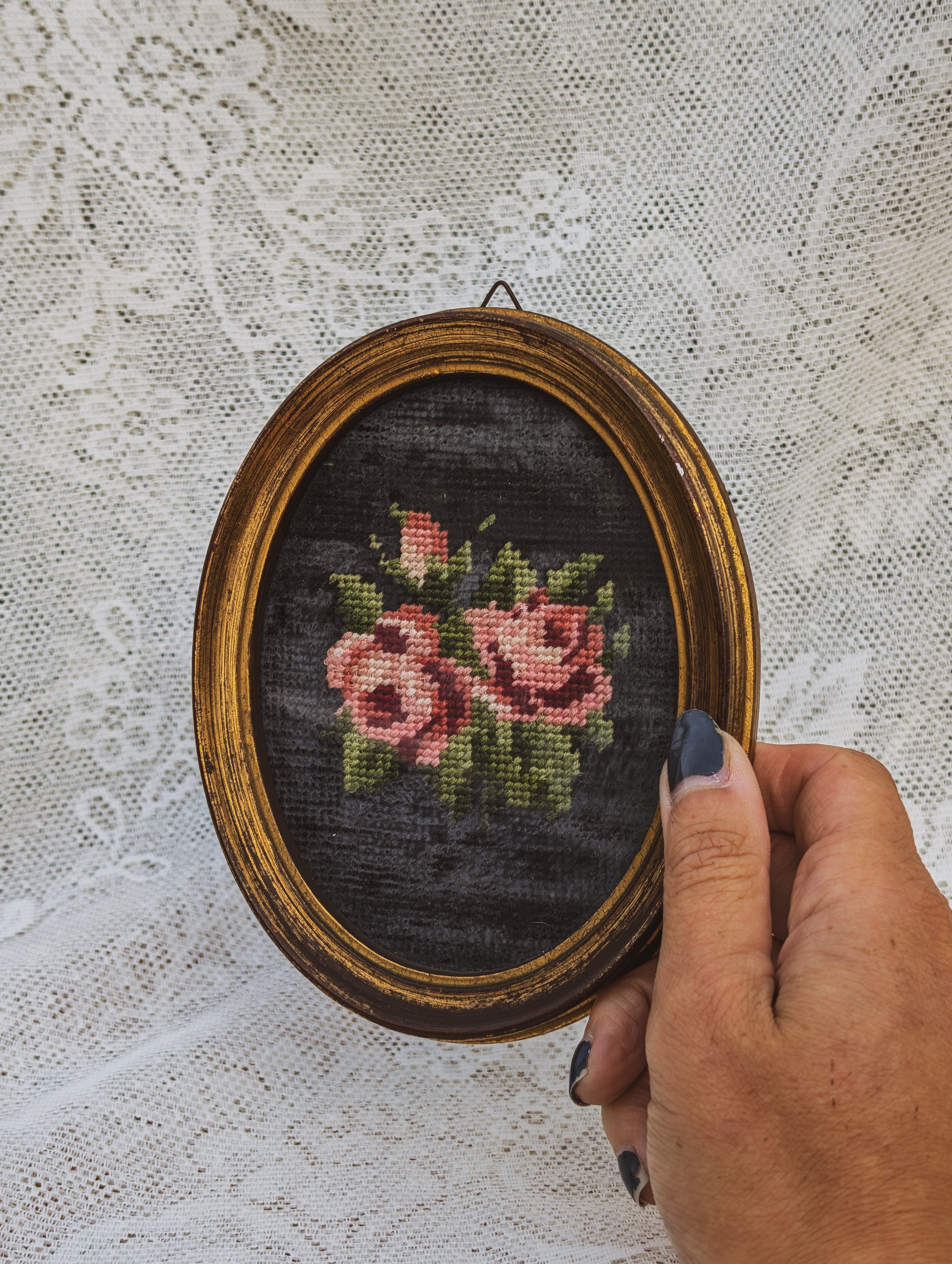 Italian Vintage - Needlepoint Tapestry Dark Floral Velvet