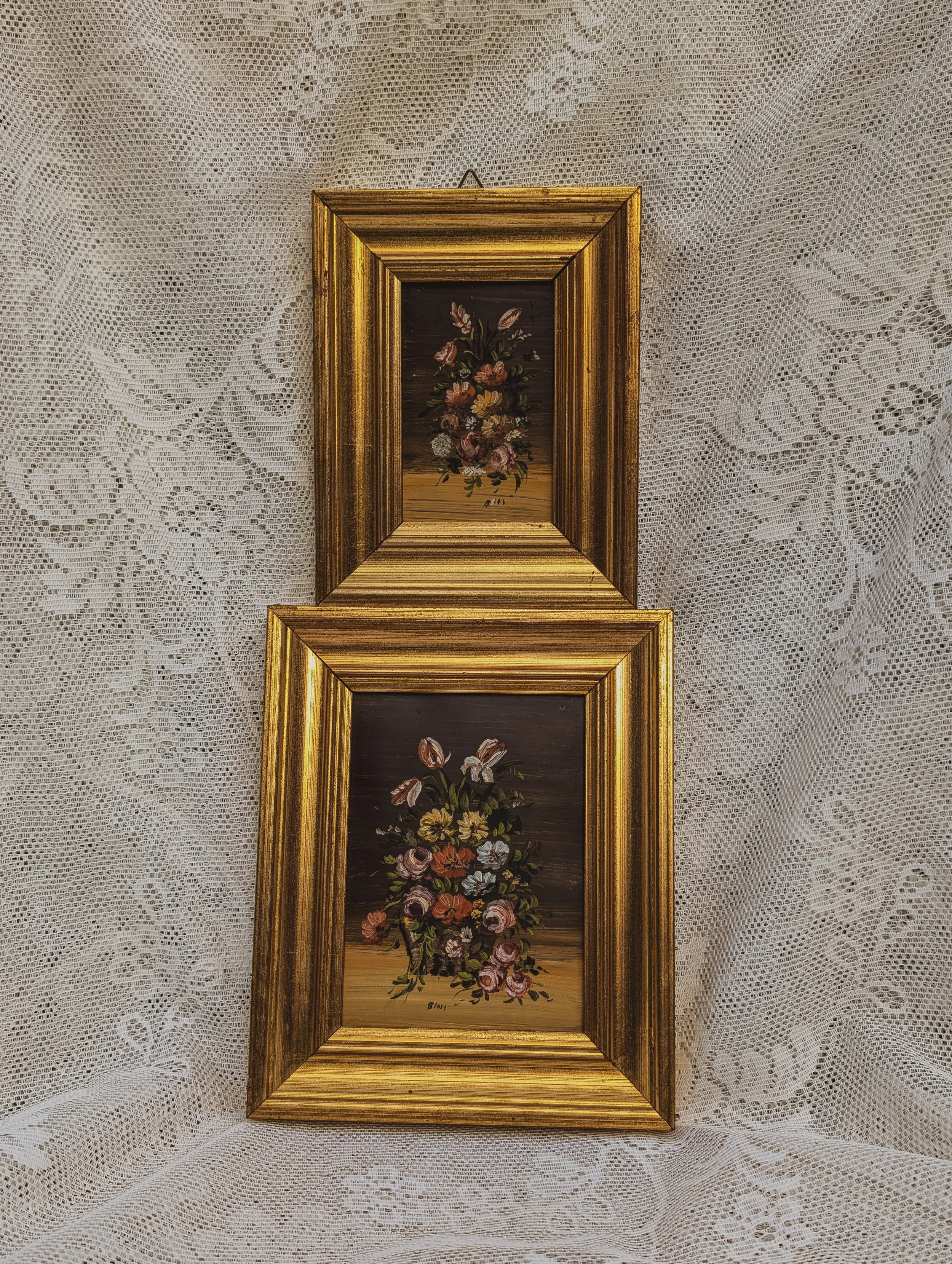 Italian Vintage - Original Dark Floral Oil Paintings On Pure Copper Sheet
