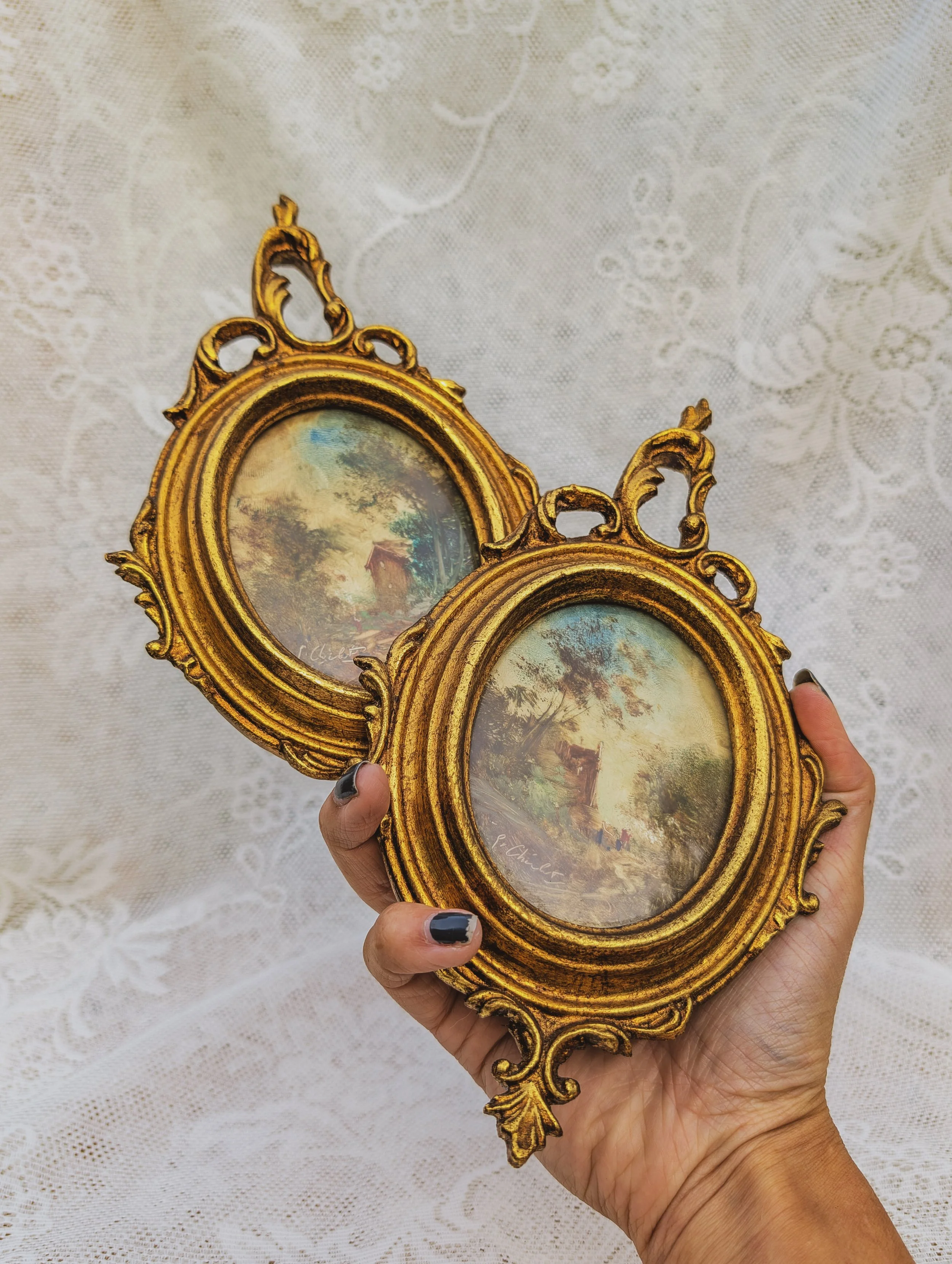 Italian Vintage - PAIR Florentine Gilt Miniature Landscapes Luigi Chialiva Prints Bubble Glass Giltwood