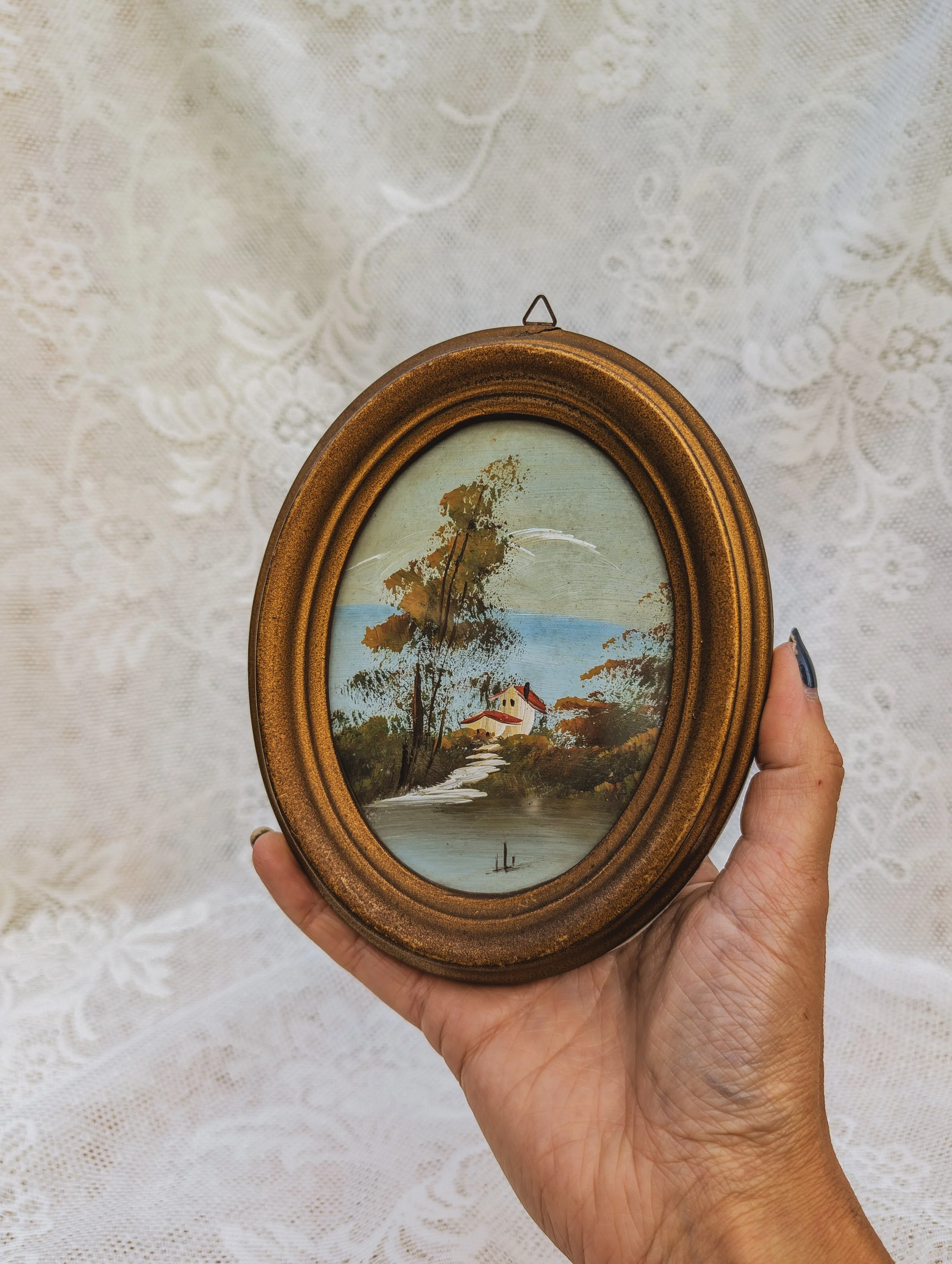 Italian Vintage - Original Painting Italian Landscape Oval Gold Frame
