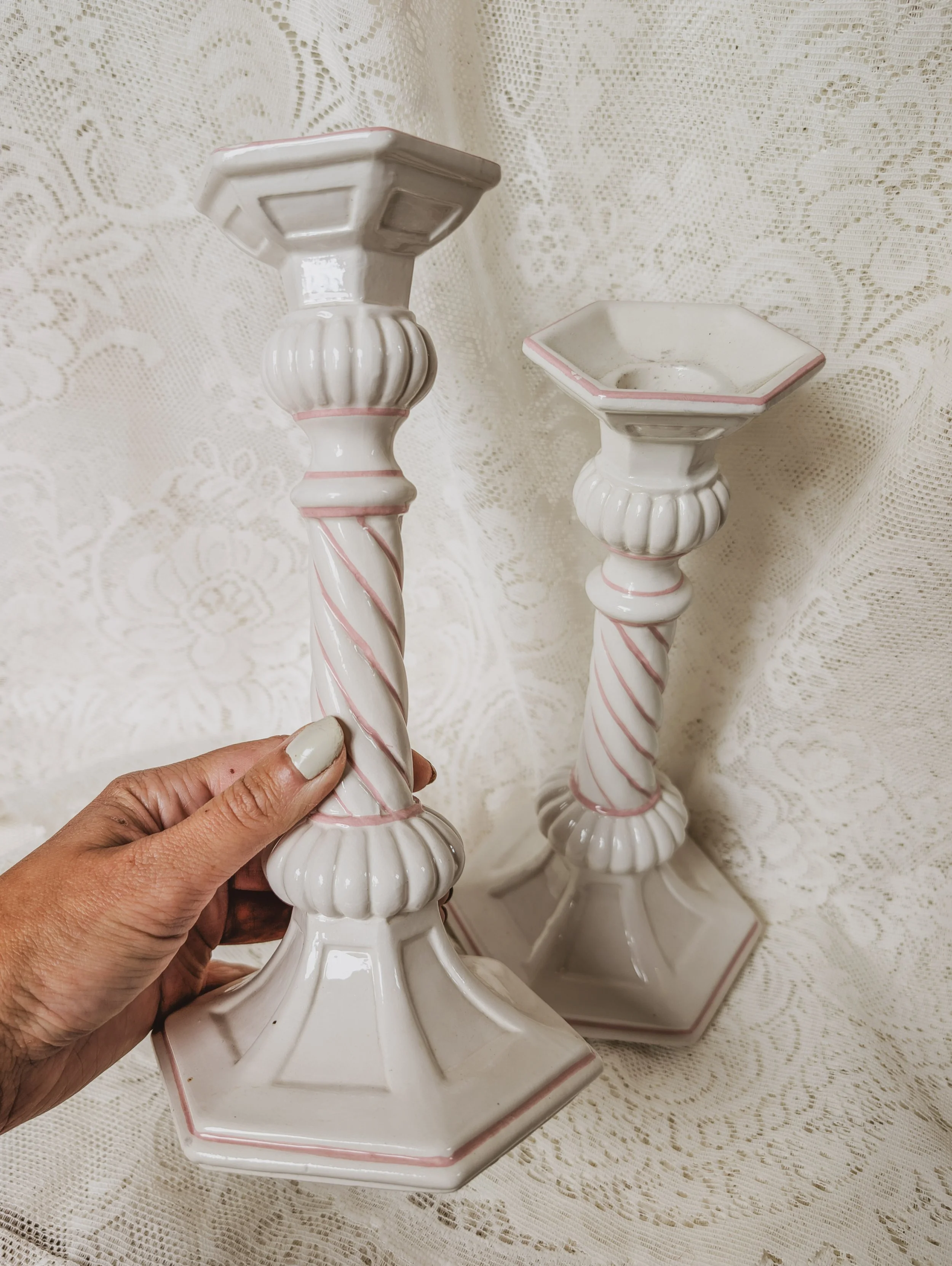 Italian Vintage - Hand Painted Porcelain Candelabra Ceramic Candlesticks