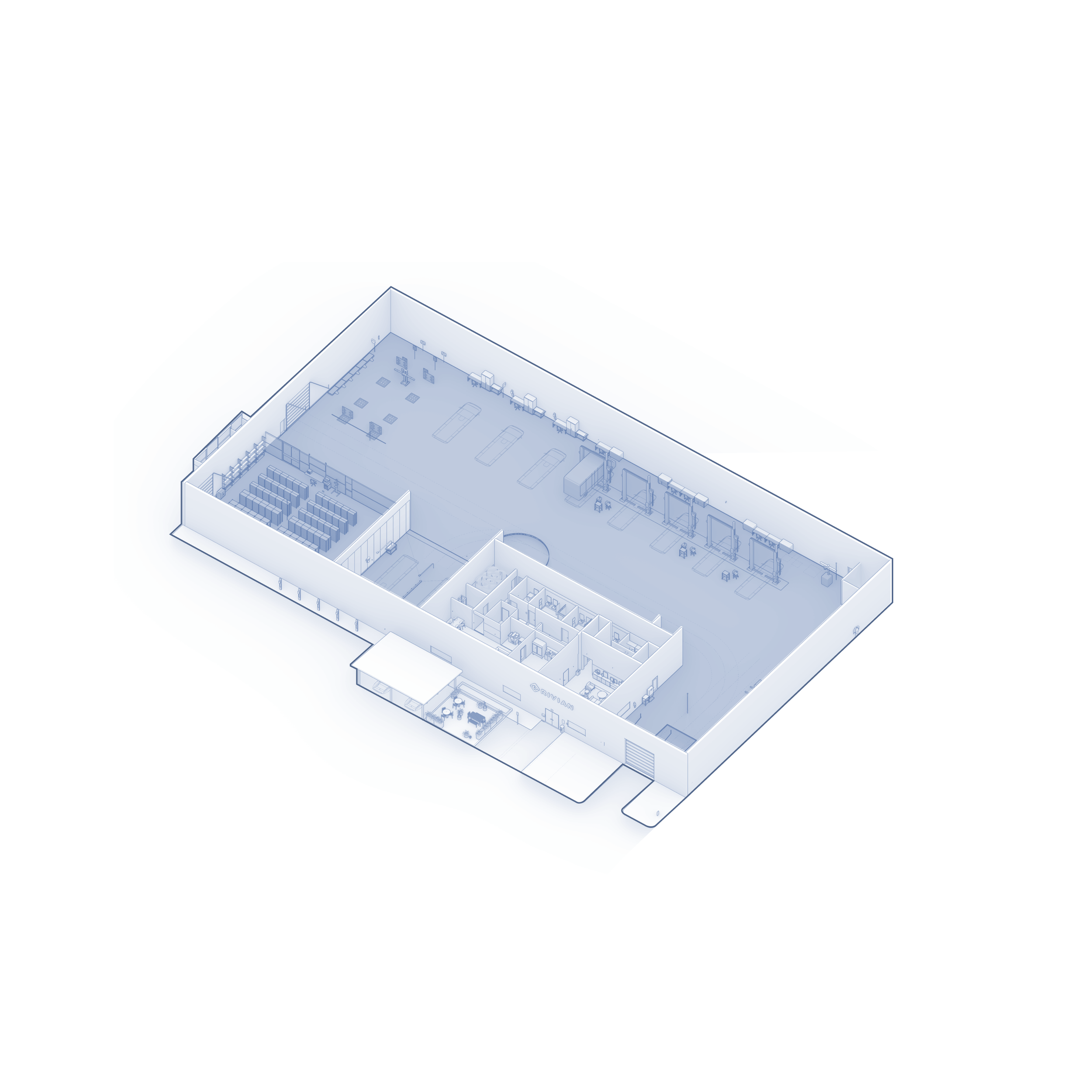 Service infrastructure for electric vehicles , showing a blueprint of a large maintenance and repair building with equipment, machines, storage areas, and offices.