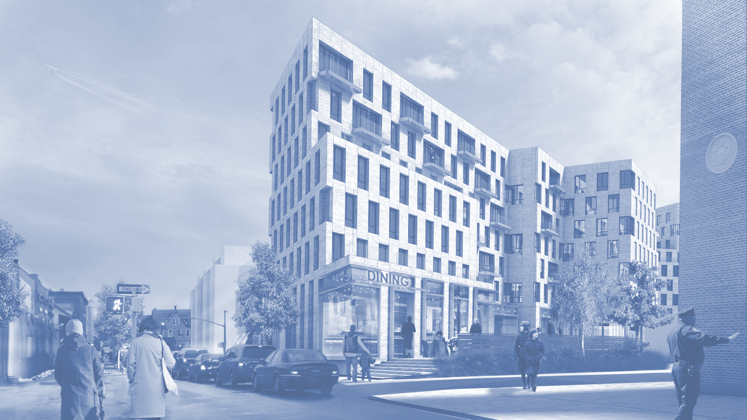 A modern multi-story apartment building with retail space on the ground floor, located on a city street corner, with pedestrians and parked cars in front.