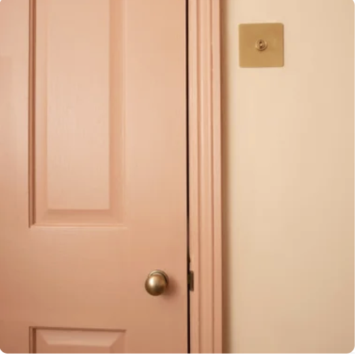 Illustration of a pink door with a round brass doorknob, and a pink wall with a small square brass light switch.