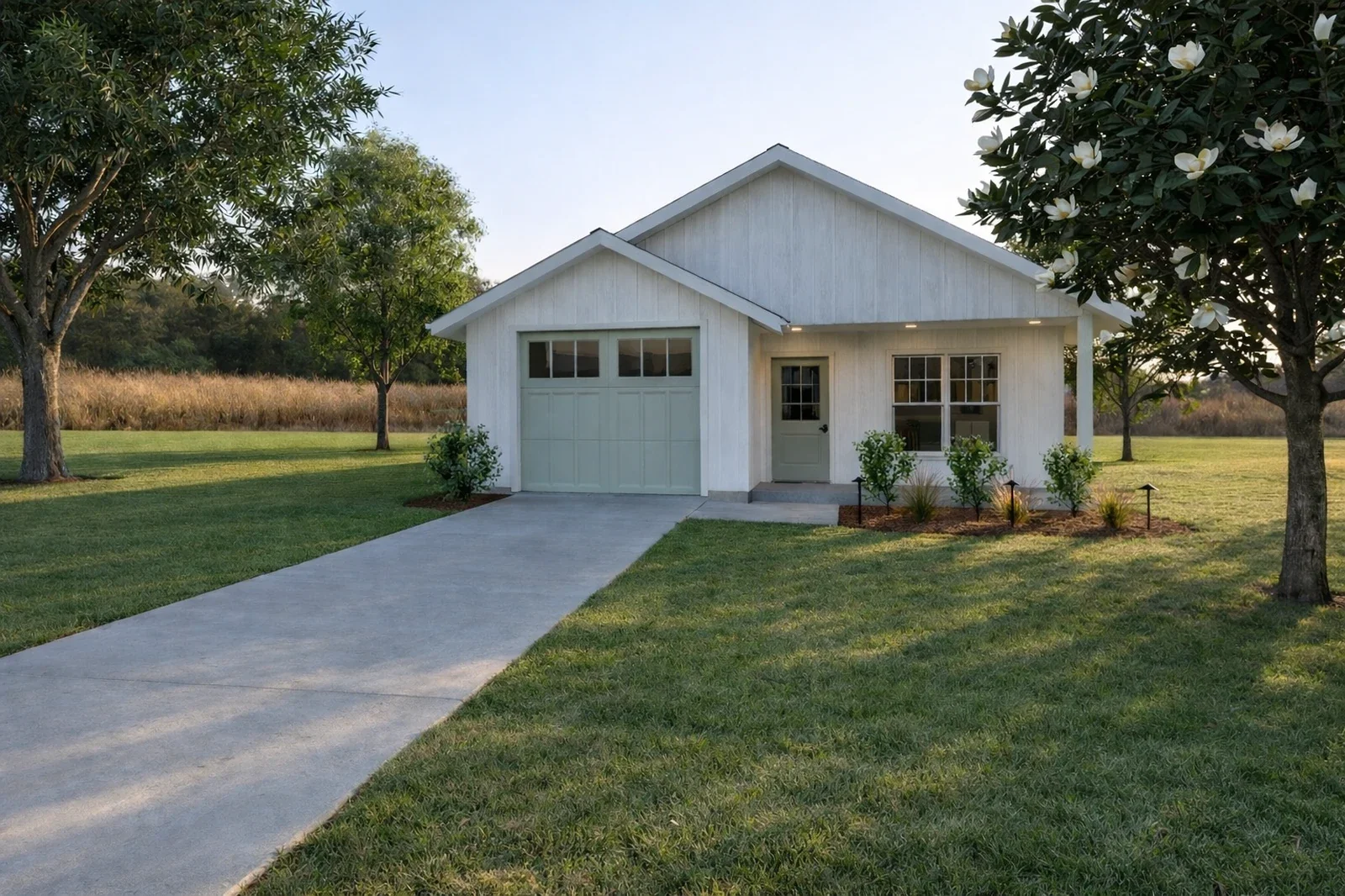3D rendering of a cottage style home with white front, sage green garage and front door, lawn in front with landscaped and mulched areas with shrubs, trees and the sky in the back 