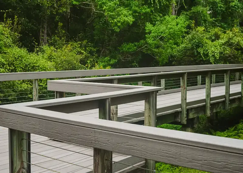 Wooden walkway with railings in a lush green forest.