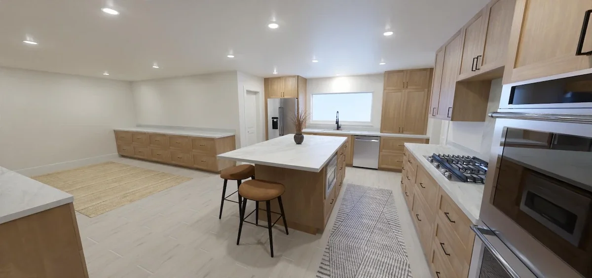 Warm Kitchen with wooden cabinets, white quartz countertops and a big window above the kitchen sink