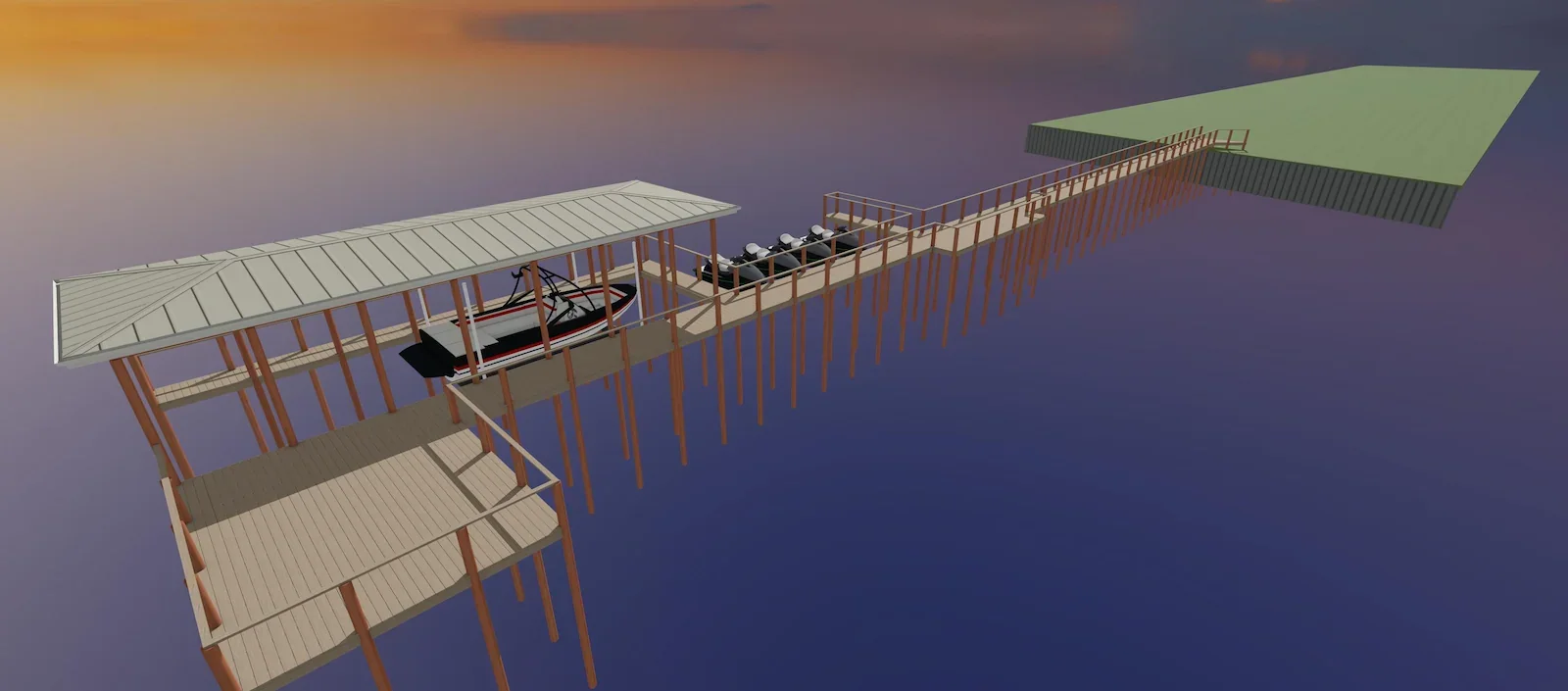 A detailed illustration of a lakeside wooden dock with a small cabin, stairs, a boat, and trees.