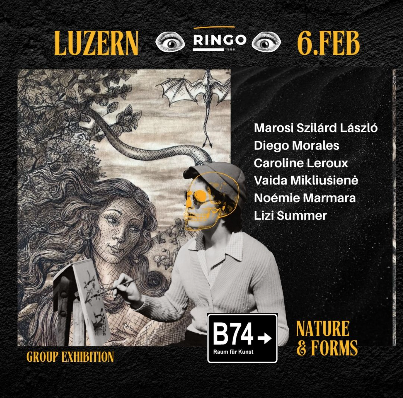 Affiche pour l'exposition  Nature & Forms à la galerie B74 Raum Für Kunst, Luzern. Représentée par Lina Petraviciute - Ringo1986 - et figurant l'artiste Noémie Marmara, fondatrice de intimate immensity ®