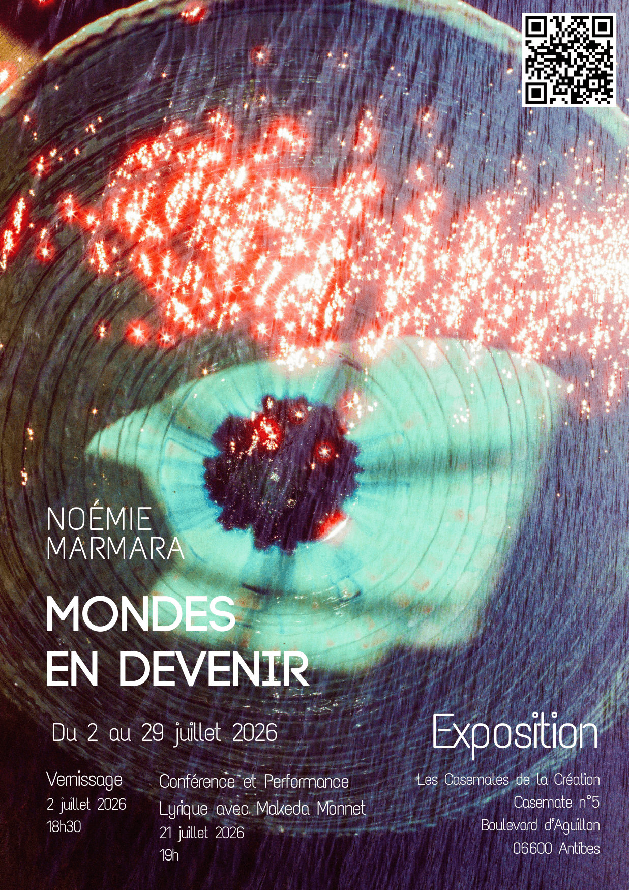 Affiche pour l'exposition 'Mondes en Devenir' aux Casemates de la Création à Antibes en juillet 2026. Exposition personnelle de l'artiste pluridisciplinaire Noémie Marmara, fondatrice de intimate immensity®