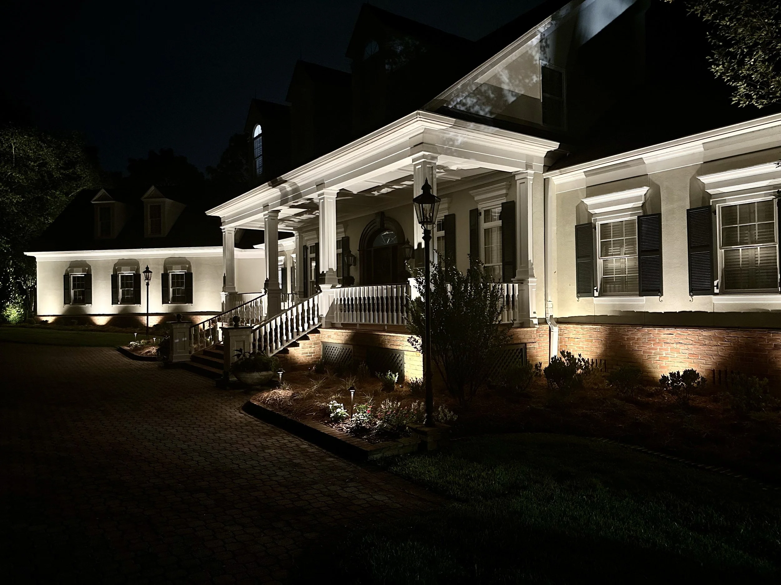 Ornamental tree with uplighting for a sophisticated landscape feature in a Gulf Coast backyard.