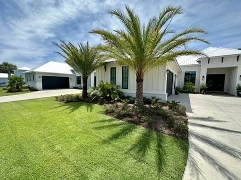 Modern landscape design with palm trees, lush lawn, and professional curb appeal.
